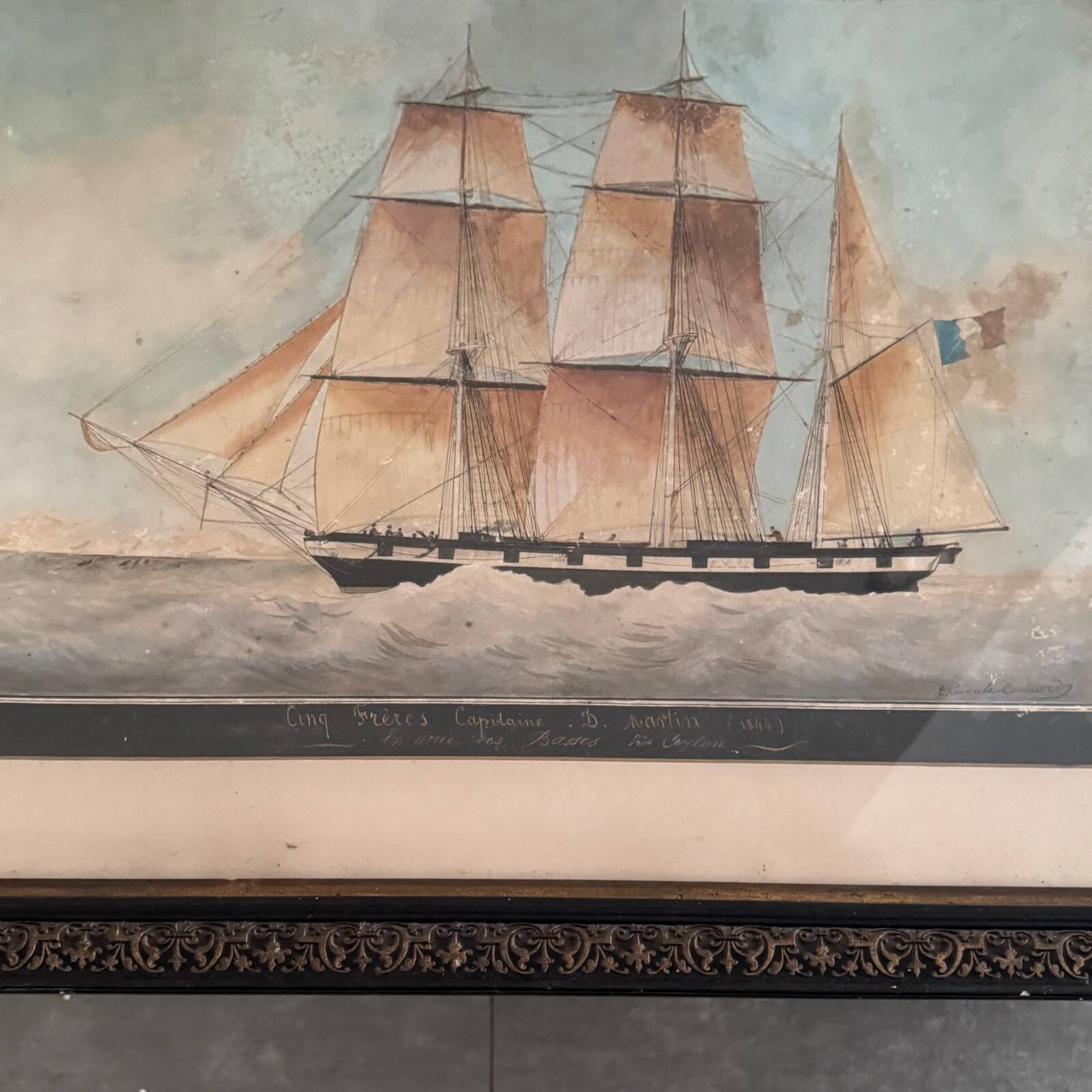 Watercolor on paper of a three-masted French ship from the 19th century by Th. Cochard