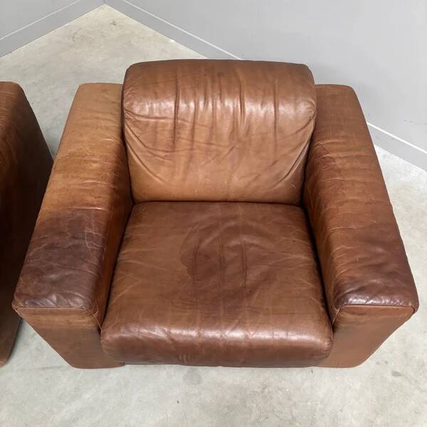 Ensemble de fauteuils en cuir marron vintage, années 1970.