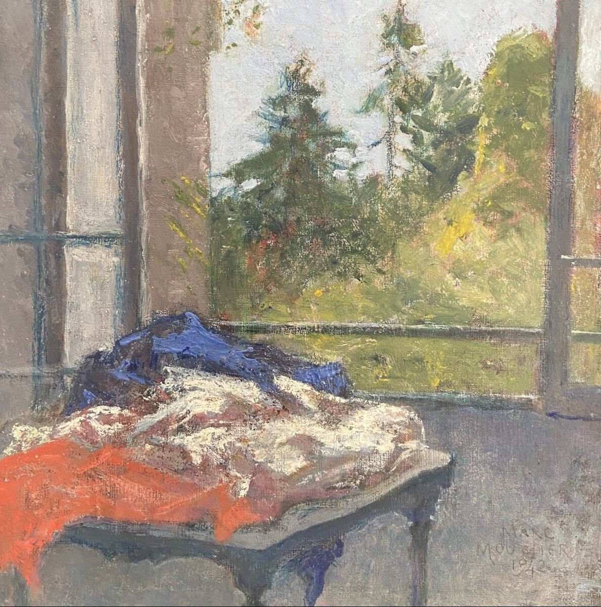 Marc Mouclier (1866-1947) The Flag at the Window, 1942 Oil on Panel Signed and Dated