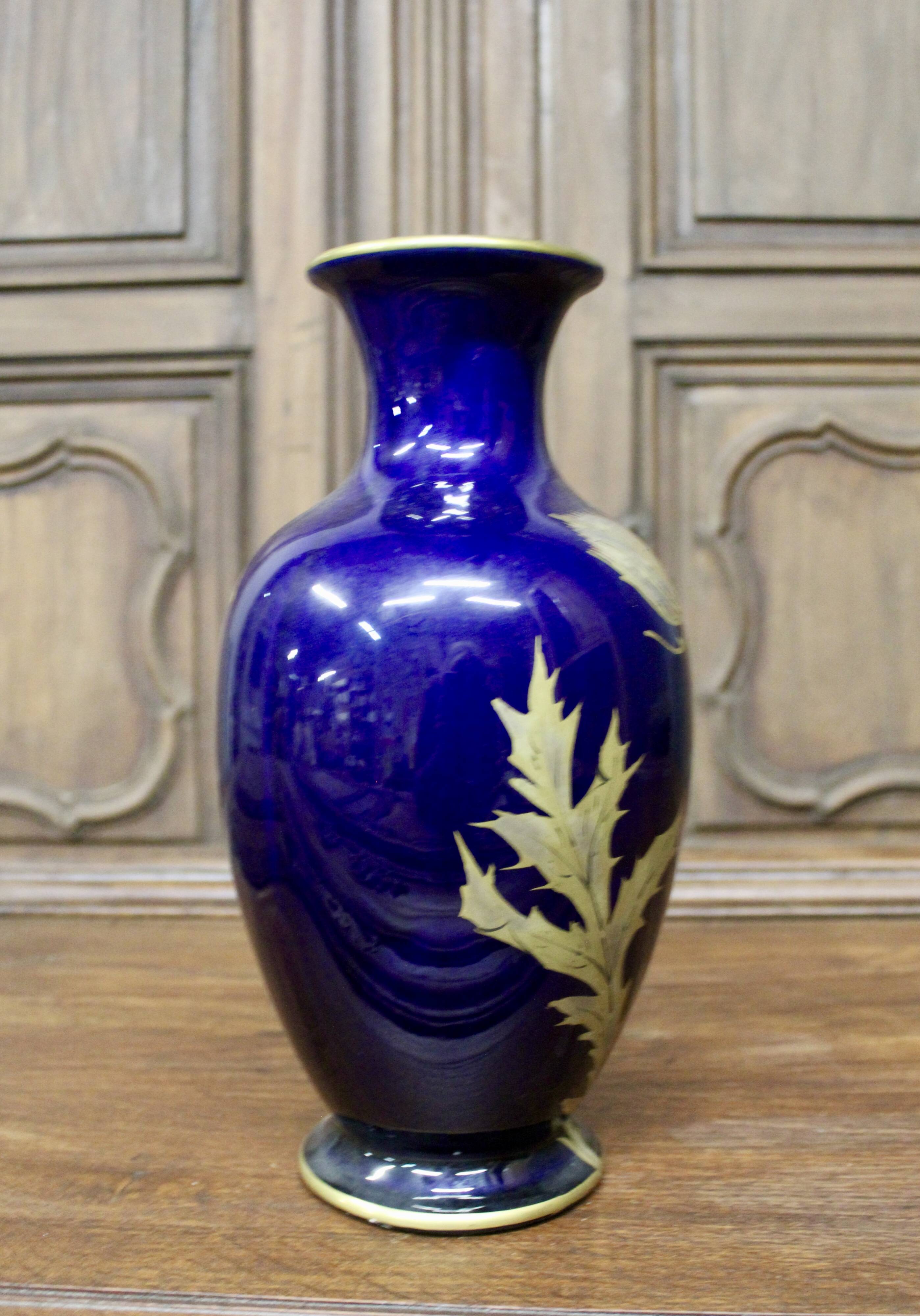Vase with thistle by Gustave Asch, Tours blue, Sainte Radegonde