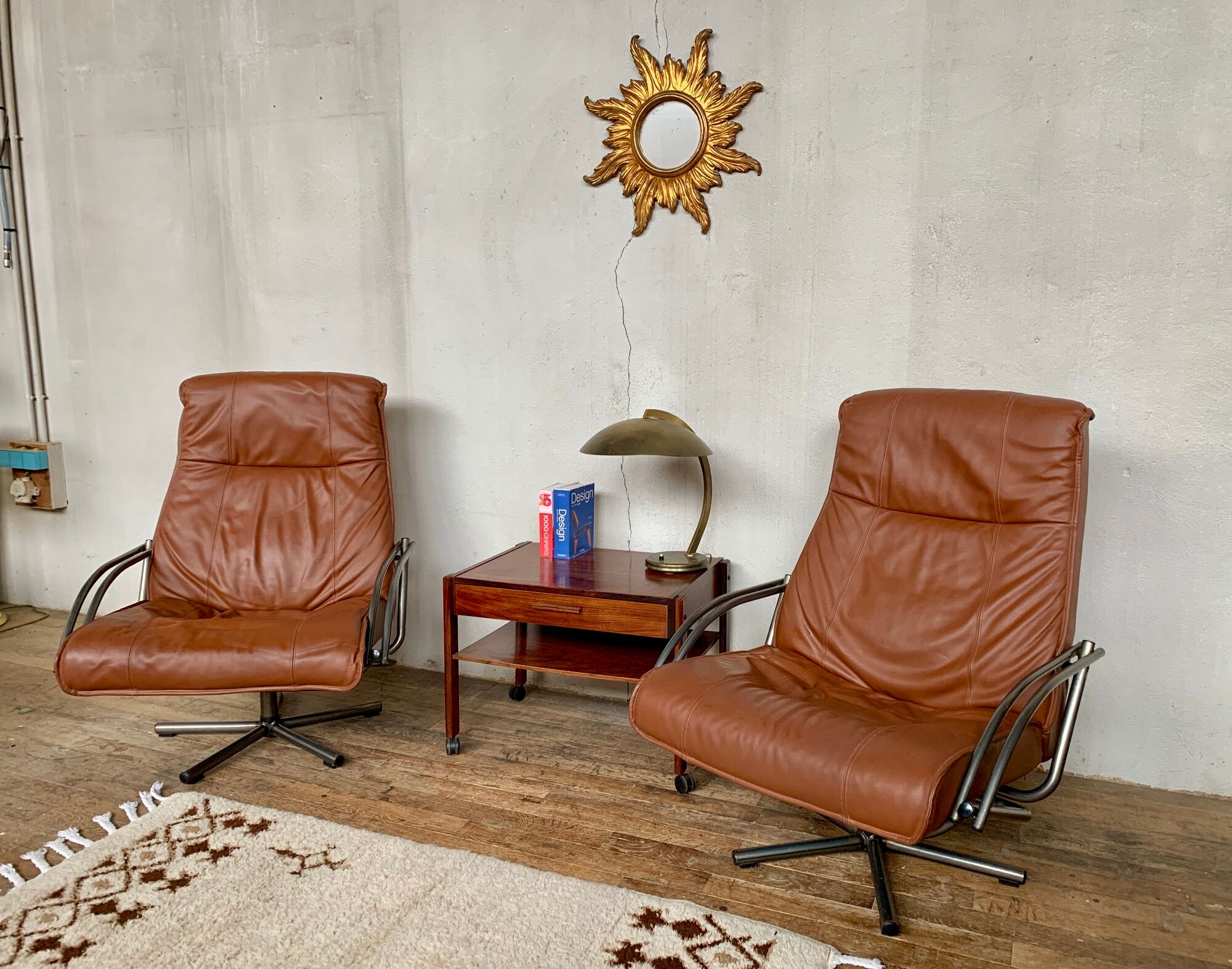 Pair of Scandinavian leather relax vintage armchairs brand Kebe