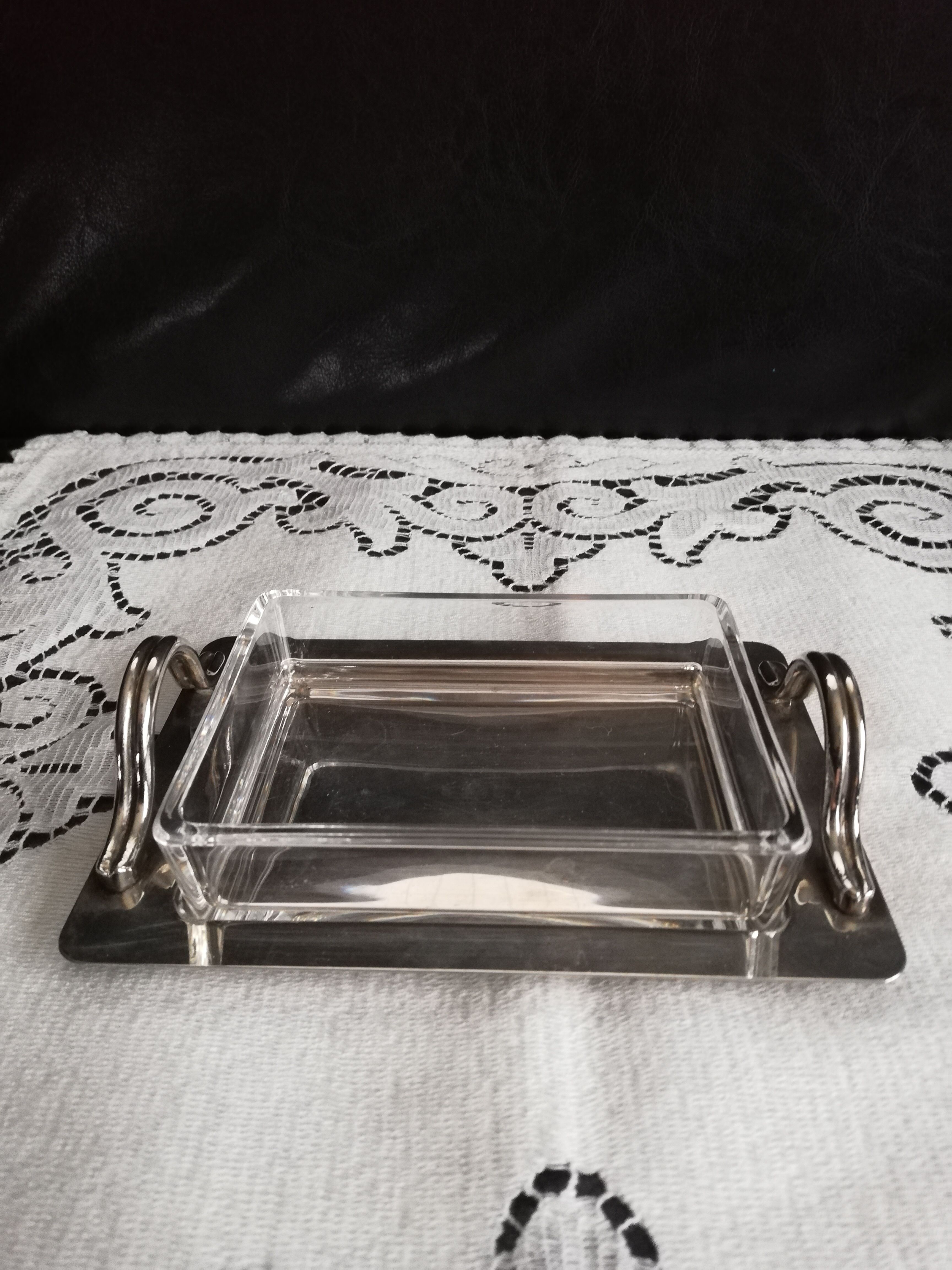Art deco glass and silver metal butter dish