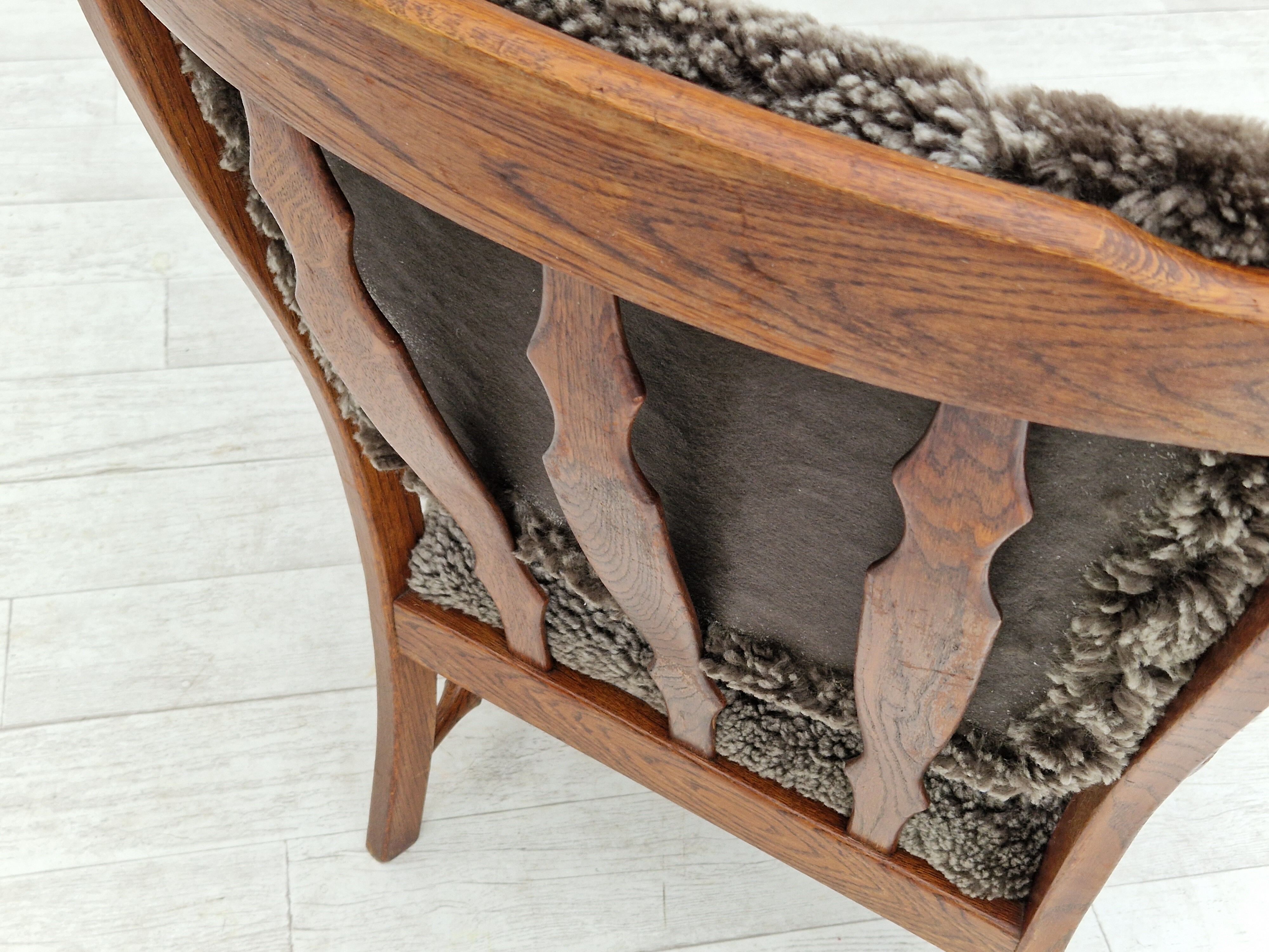 1960s, danish design, renovated-reupholstered high-back ear flap chair, sheepskin, oak wood