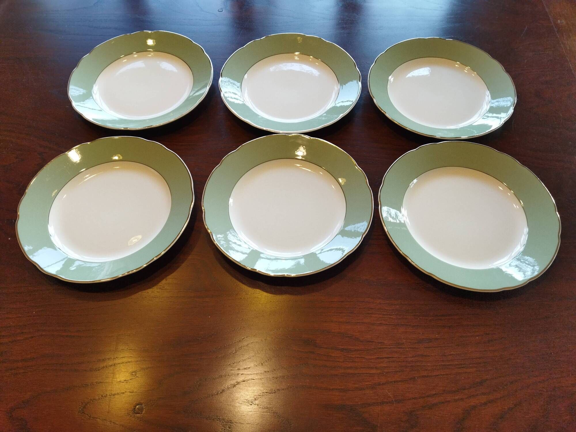 12 flat plates Villeroy & Boch Mettlach celadon green and vintage gold 1960s