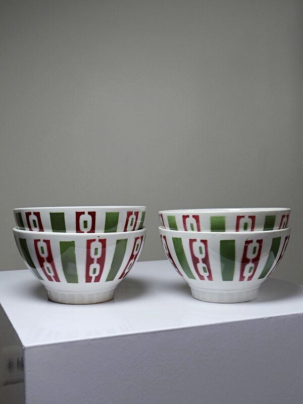 4 bols à café faïence de Badonviller décor Art Déco vintages années 1940-1950