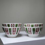 4 coffee bowls made of Badonviller earthenware, Art Deco decor from the vintage 1940s-1950s.
