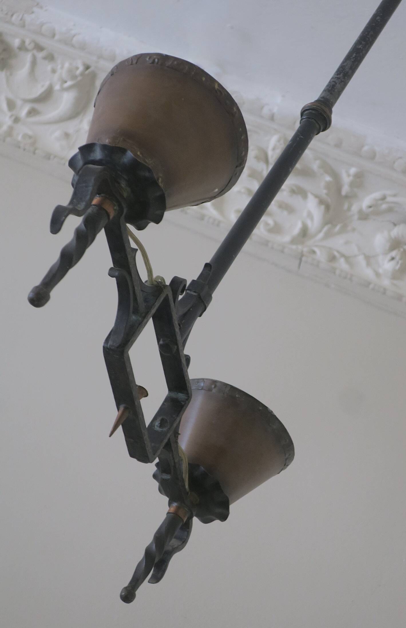 Brutalist wrought iron and copper 2-arm chandelier, 1960s