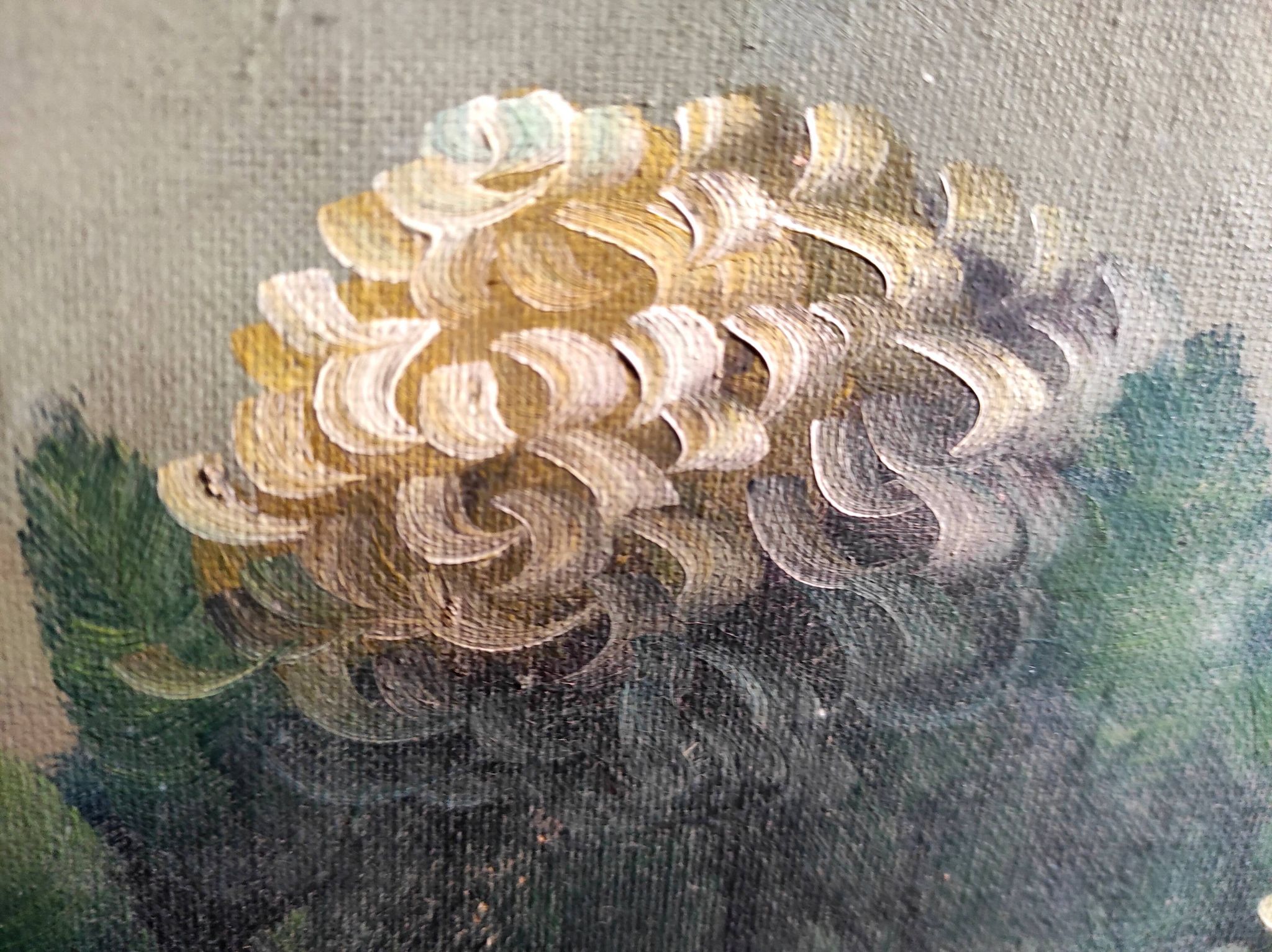 Vintage French oil painting of chrysanthemums, signed