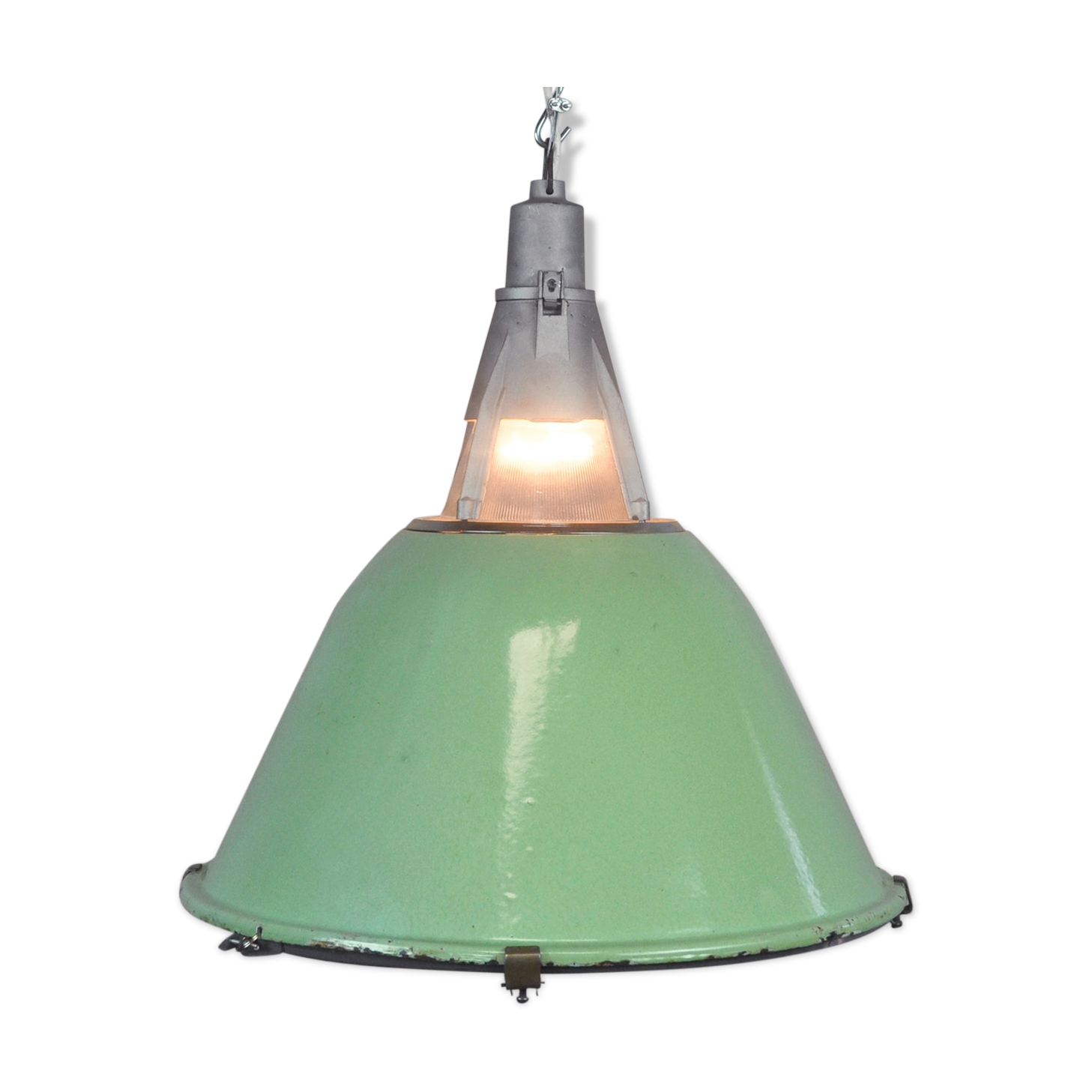 Green Enameled Industrial Pendant Light, 1950s