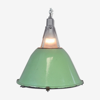 Green Enameled Industrial Pendant Light, 1950s