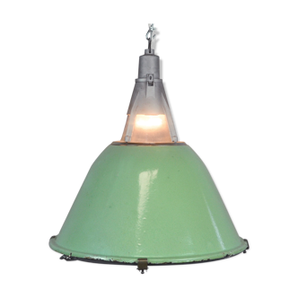Green Enameled Industrial Pendant Light, 1950s