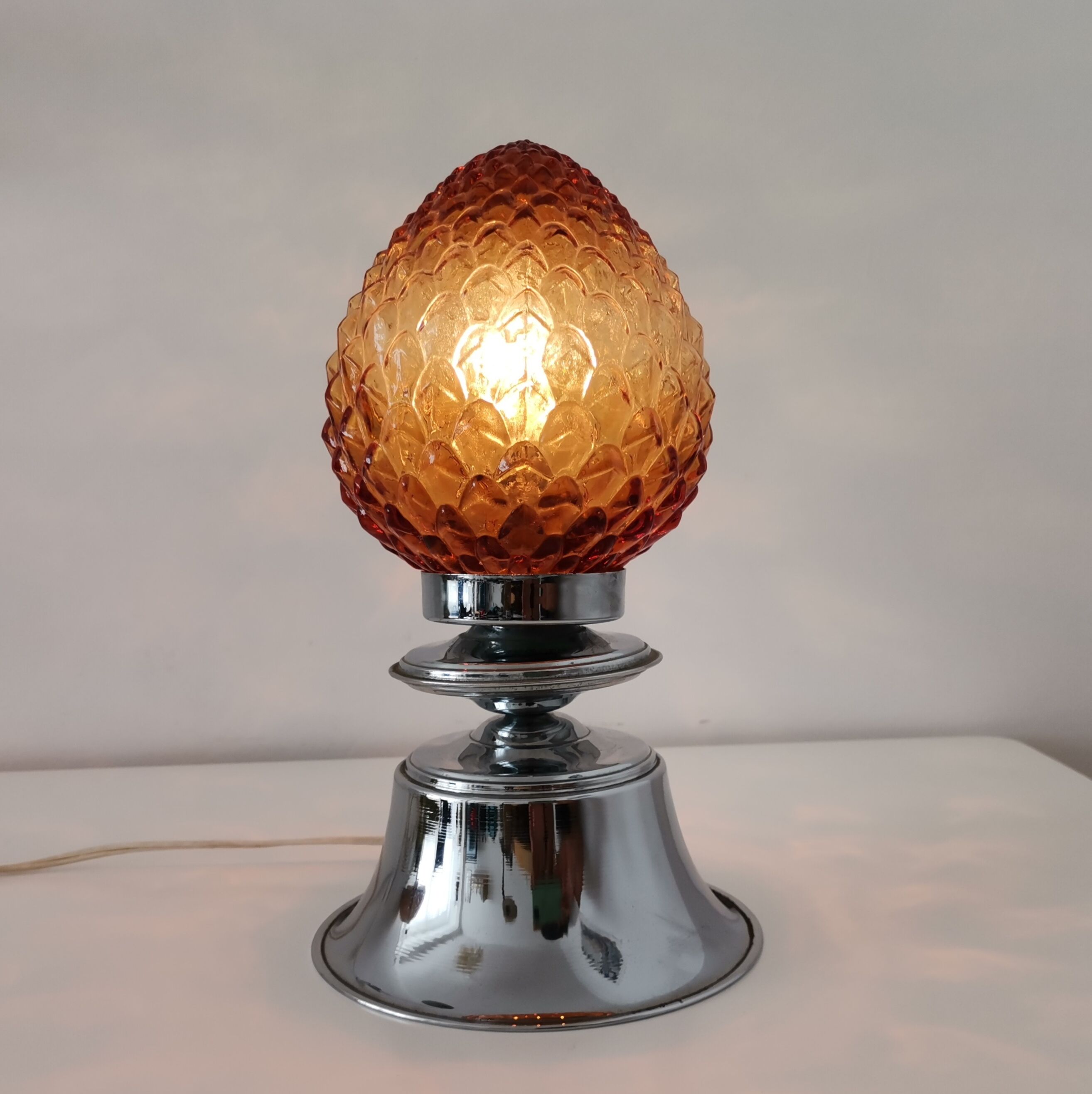 Chrome and amber glass lamp