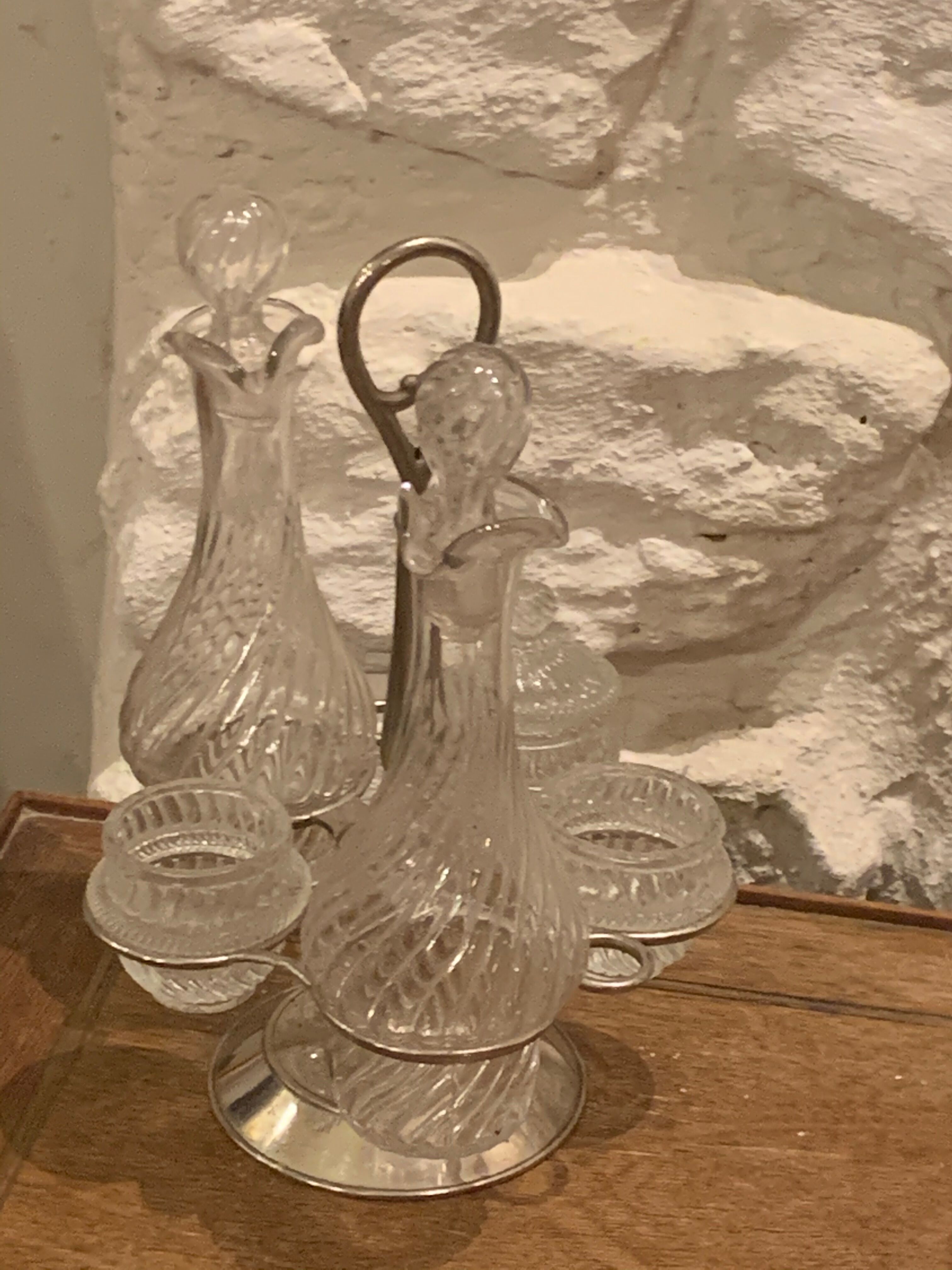 Full bottle bottles salt, pepper, mustard, oil and vinegar art deco