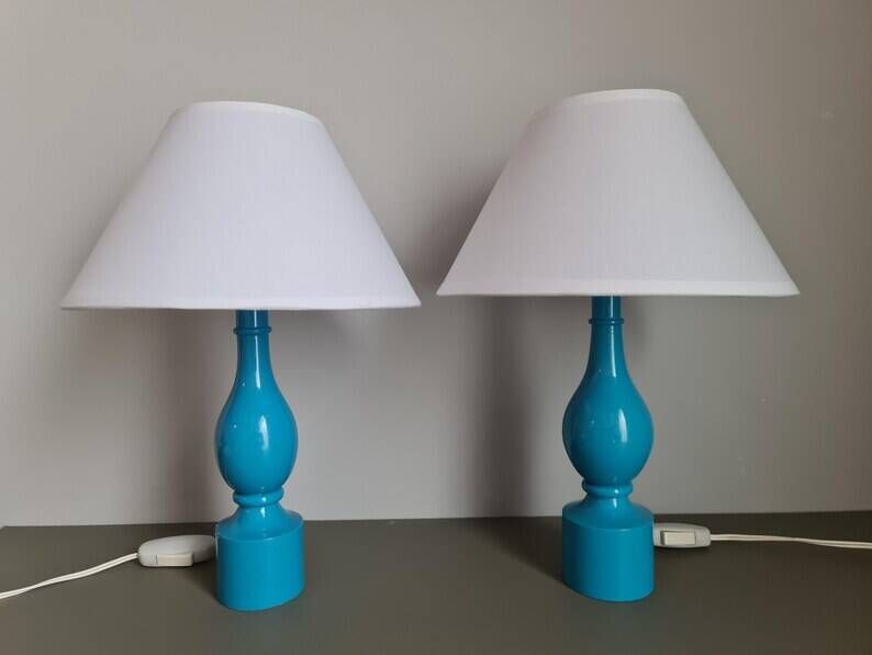 Pair of Philippe Capelle turquoise lacquered wooden table lamps MCM 1970s