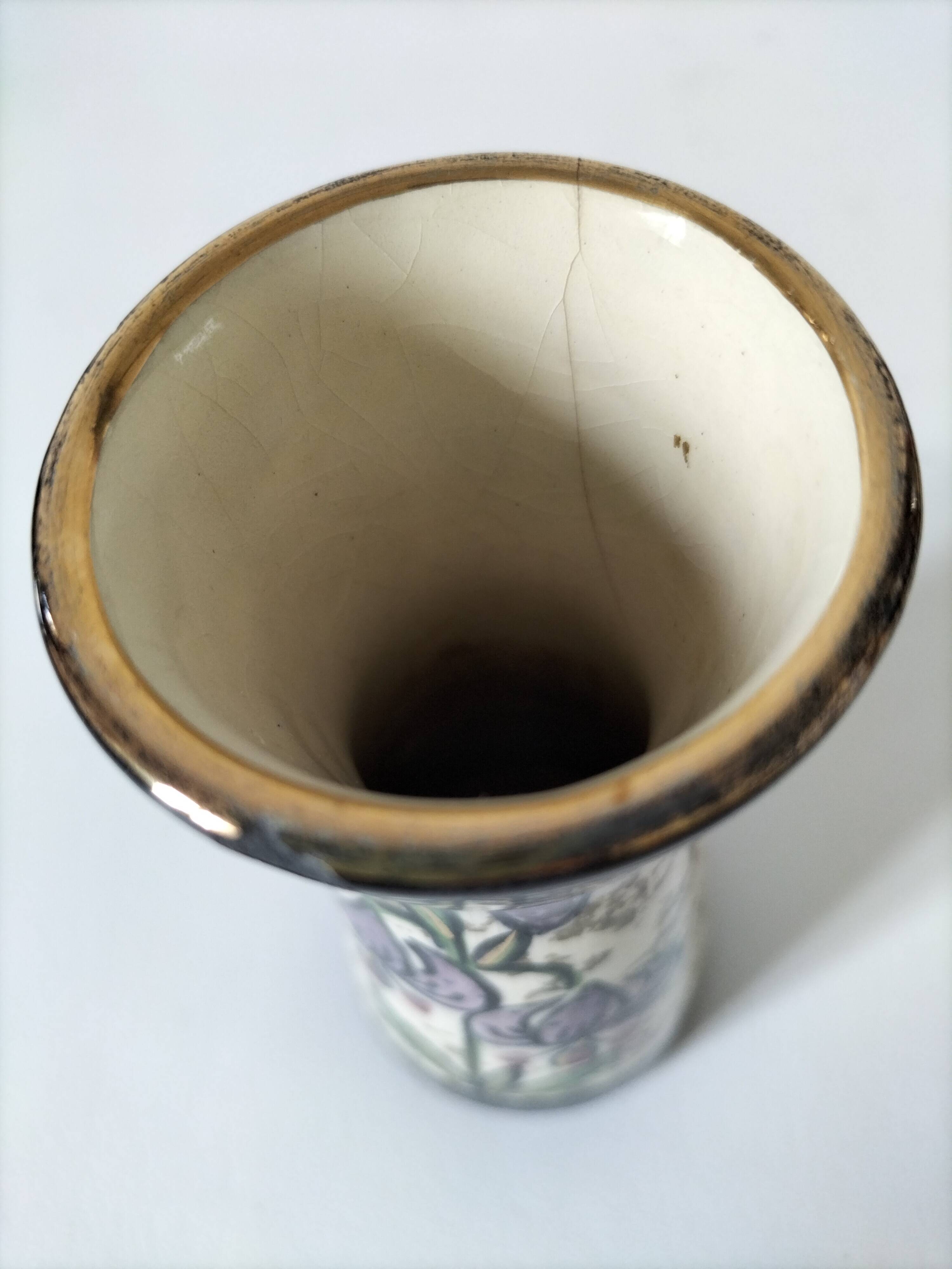 Vintage cream ceramic vase with purple floral decoration and gold highlights