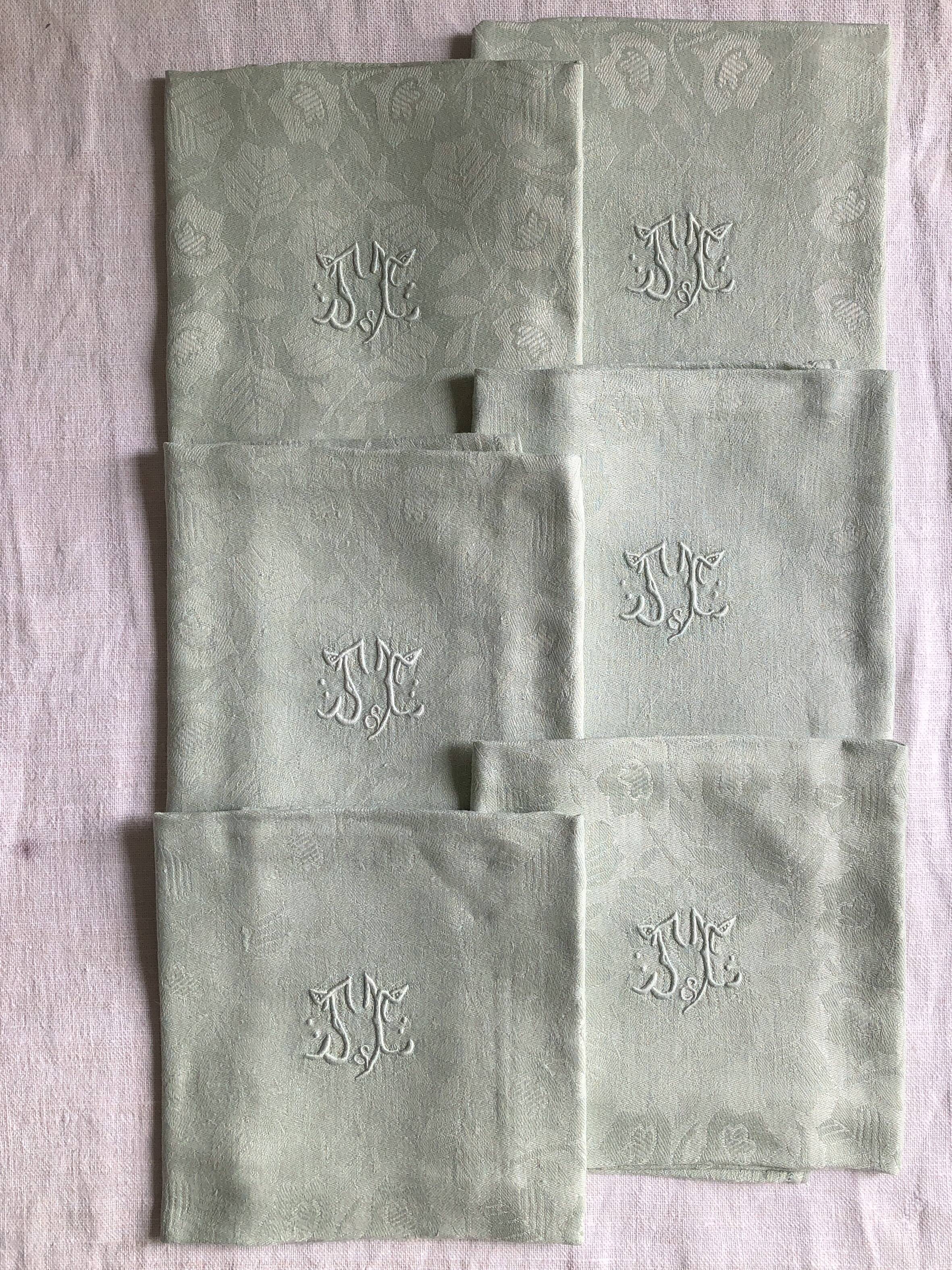 Set of six old damasked napkins dyed in celadon green