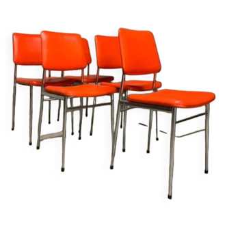 Lot 5 Chaises Vintages Skaï Rouge et Chrome