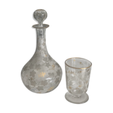 Carafe and glass set in clear glass with vine leaf and engraved grape cluster