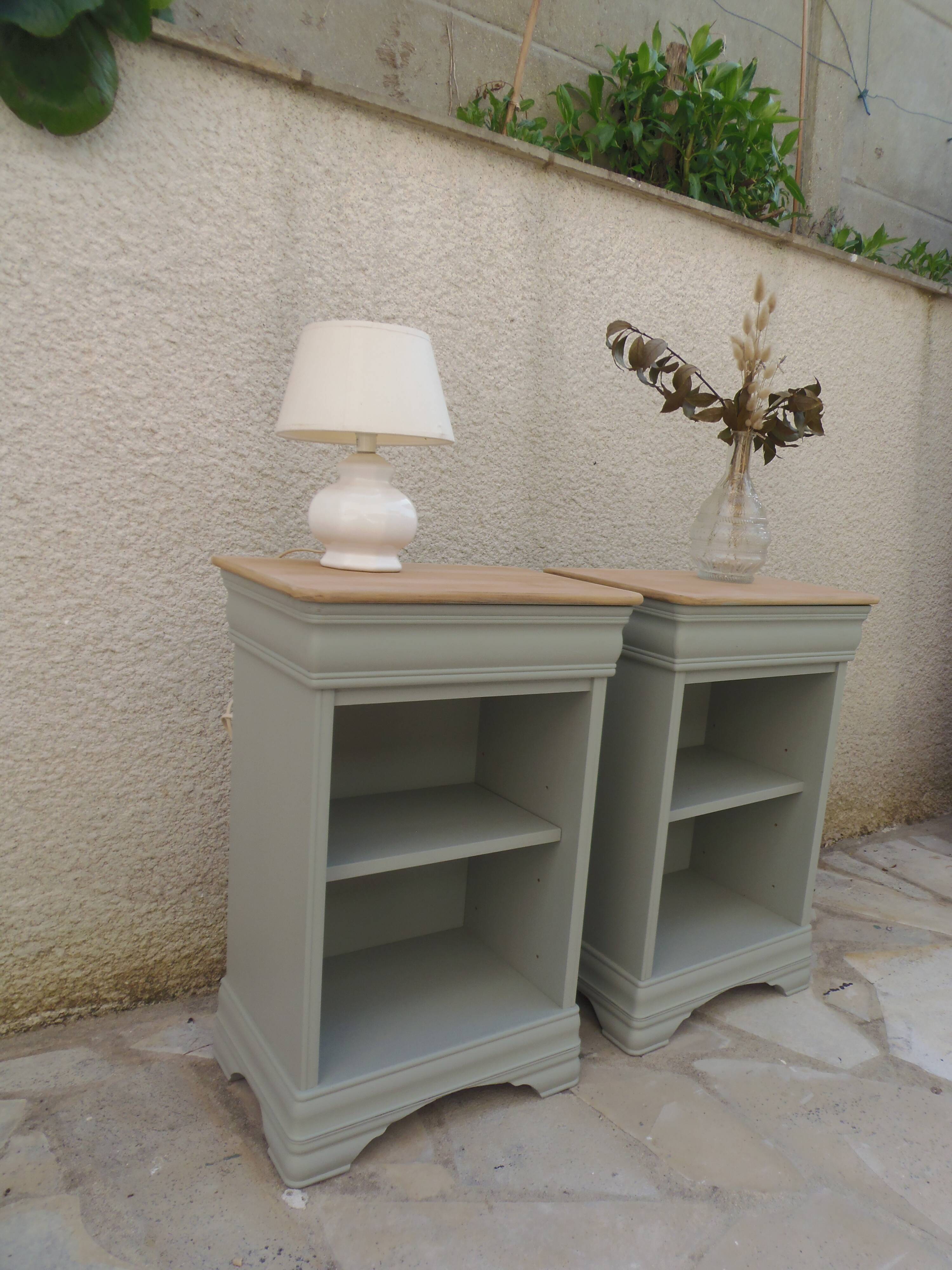 2 Louis Philippe style bedside tables reimagined in grey-green, wooden top.