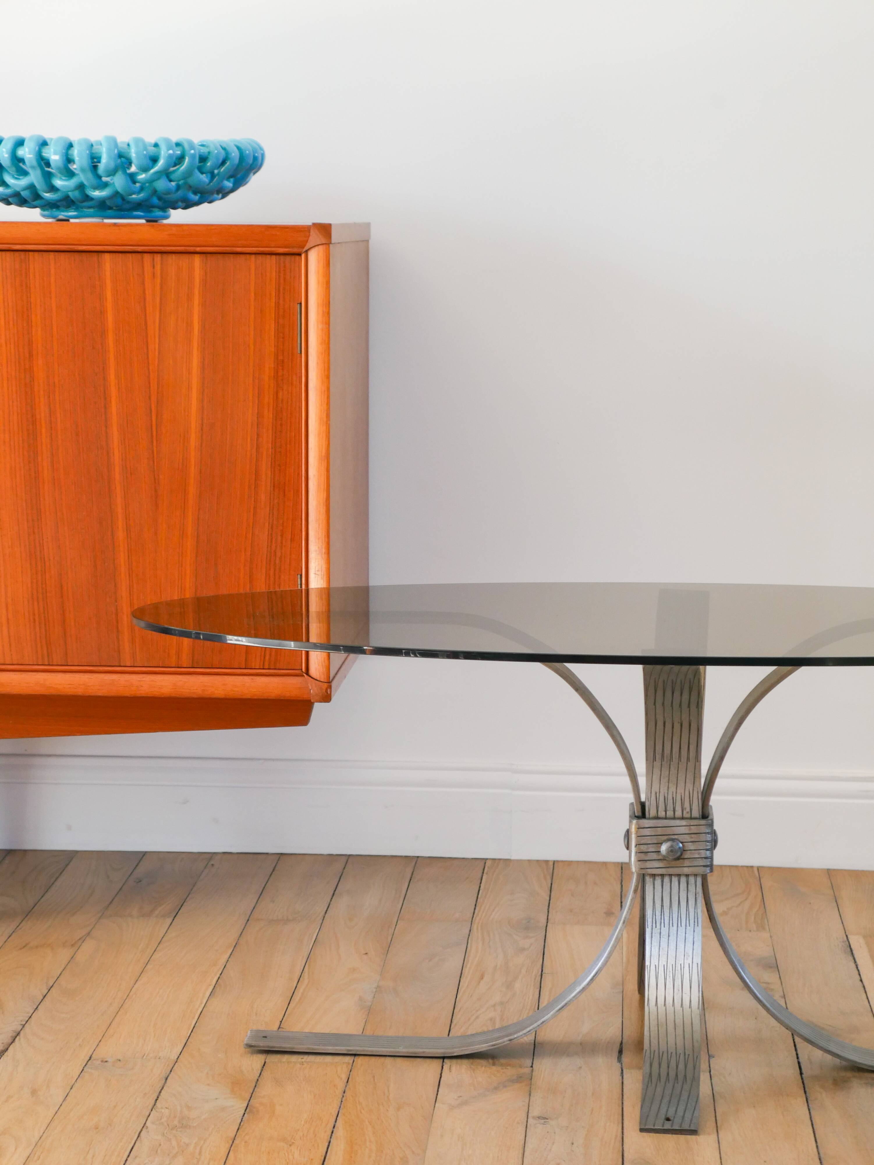 Oval coffee table in smoked glass and brushed steel, 1968