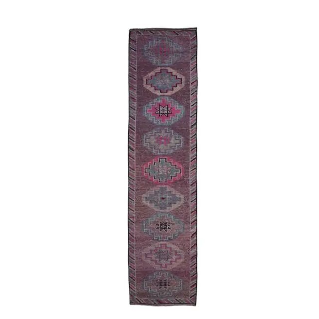 1960s Purple Pink Natural Turkish Hand-Knotted Runner Rug 81x327
