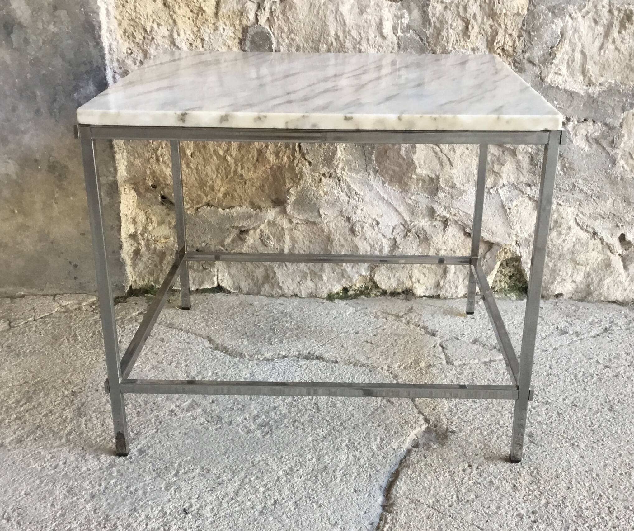 Square coffee table in marble and stainless steel - 1980s design