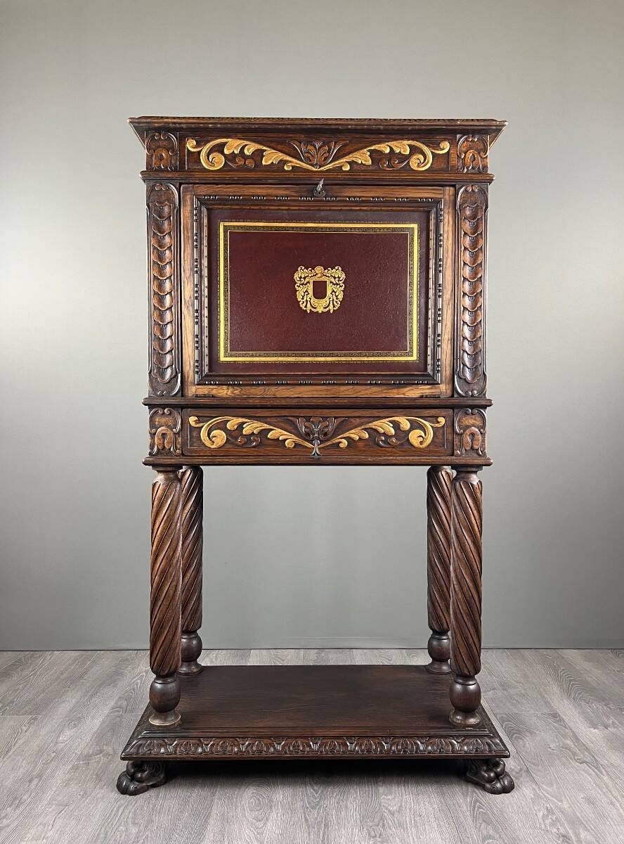 Carved and polychrome wooden secretary, Neo-Renaissance style, 19th century