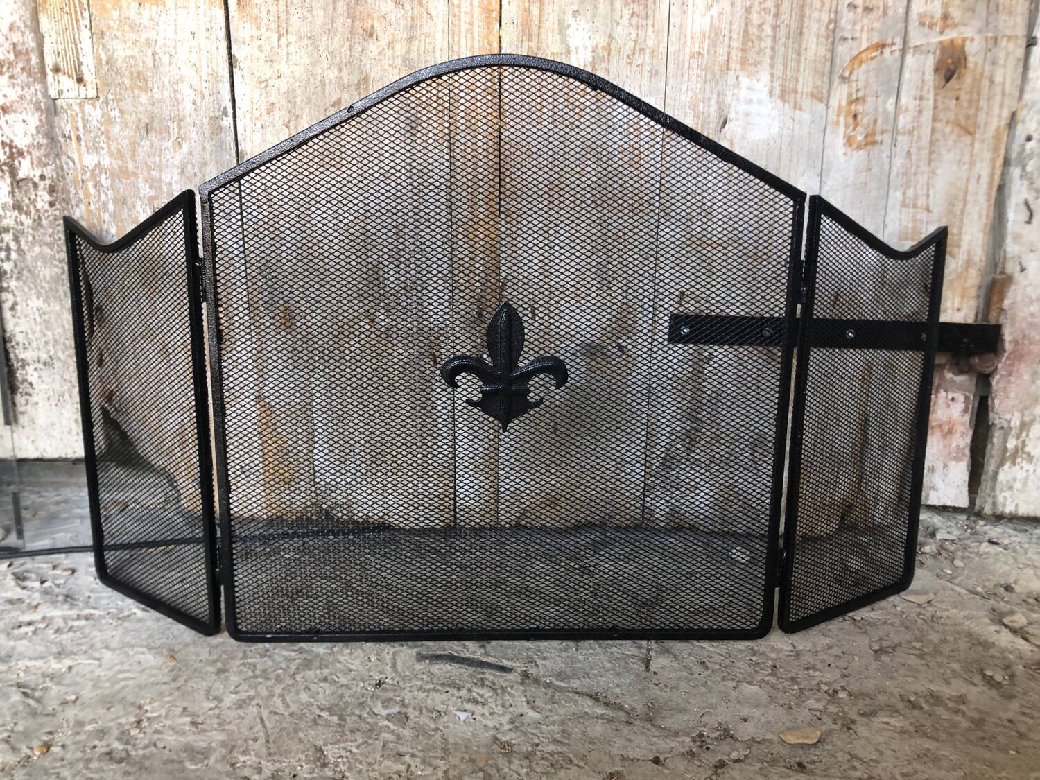 Grilled Fire Screen Fireplace 3 Shutters Black Metal Fleurs De Lys Vintage #A344