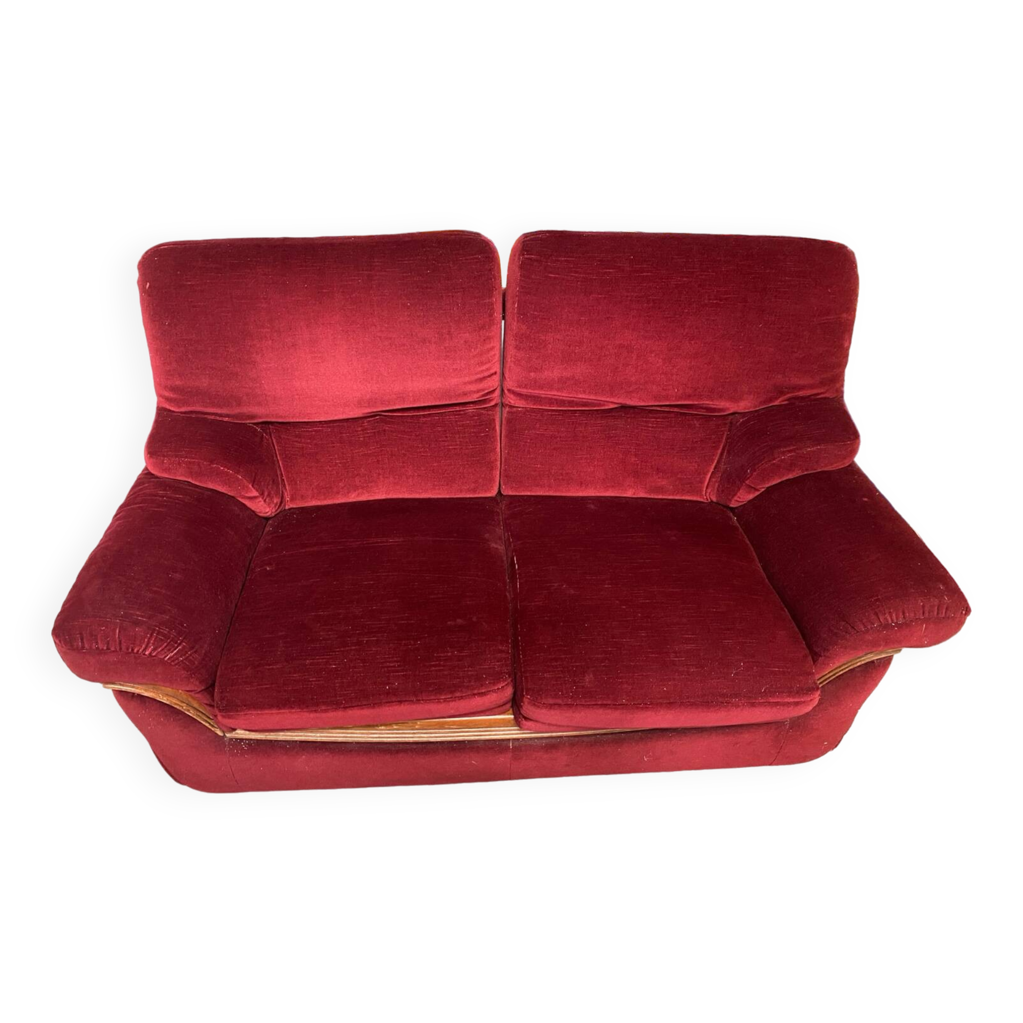 Old Art Deco Sofa in Bordeaux Red Velvet & Wood Decor