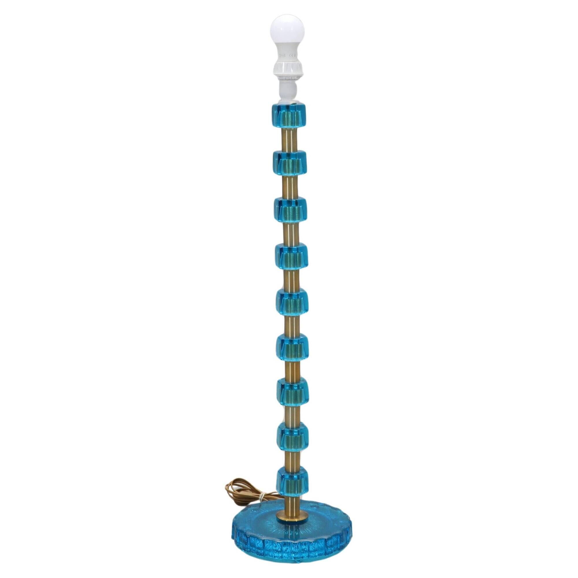 Nybro Armaturfabrik Lamp Blue Cast Glass and Brass Signed Sweden 1960