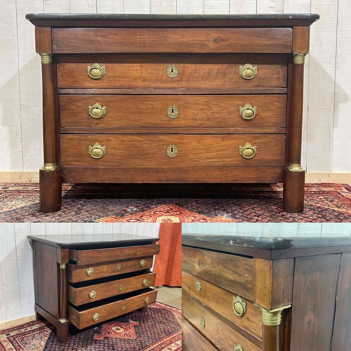 19th century Empire chest of drawers in cherry wood and black marble