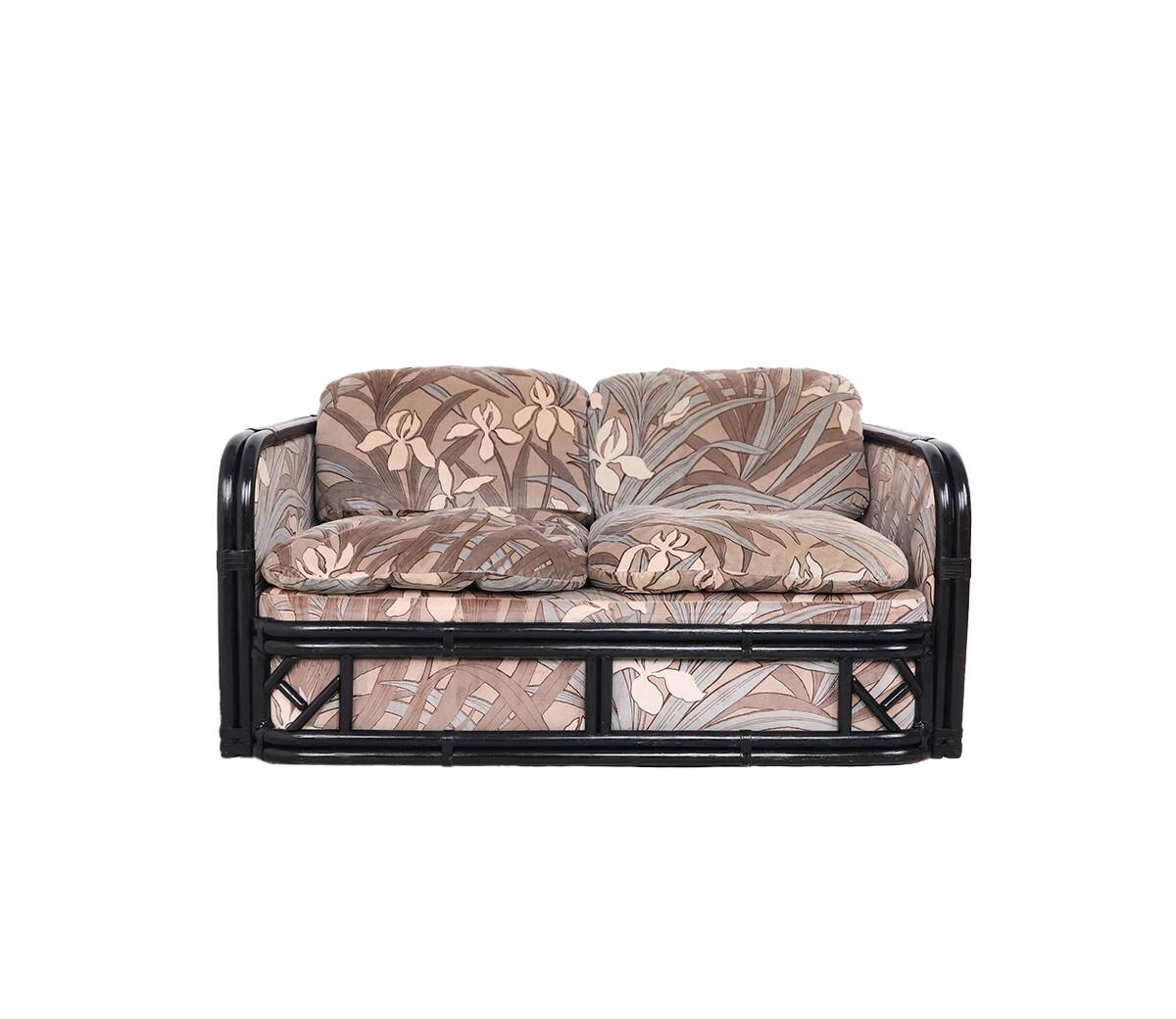 Sofa vintage en bambou 2 places avec tissu en velours floral, années 1970.