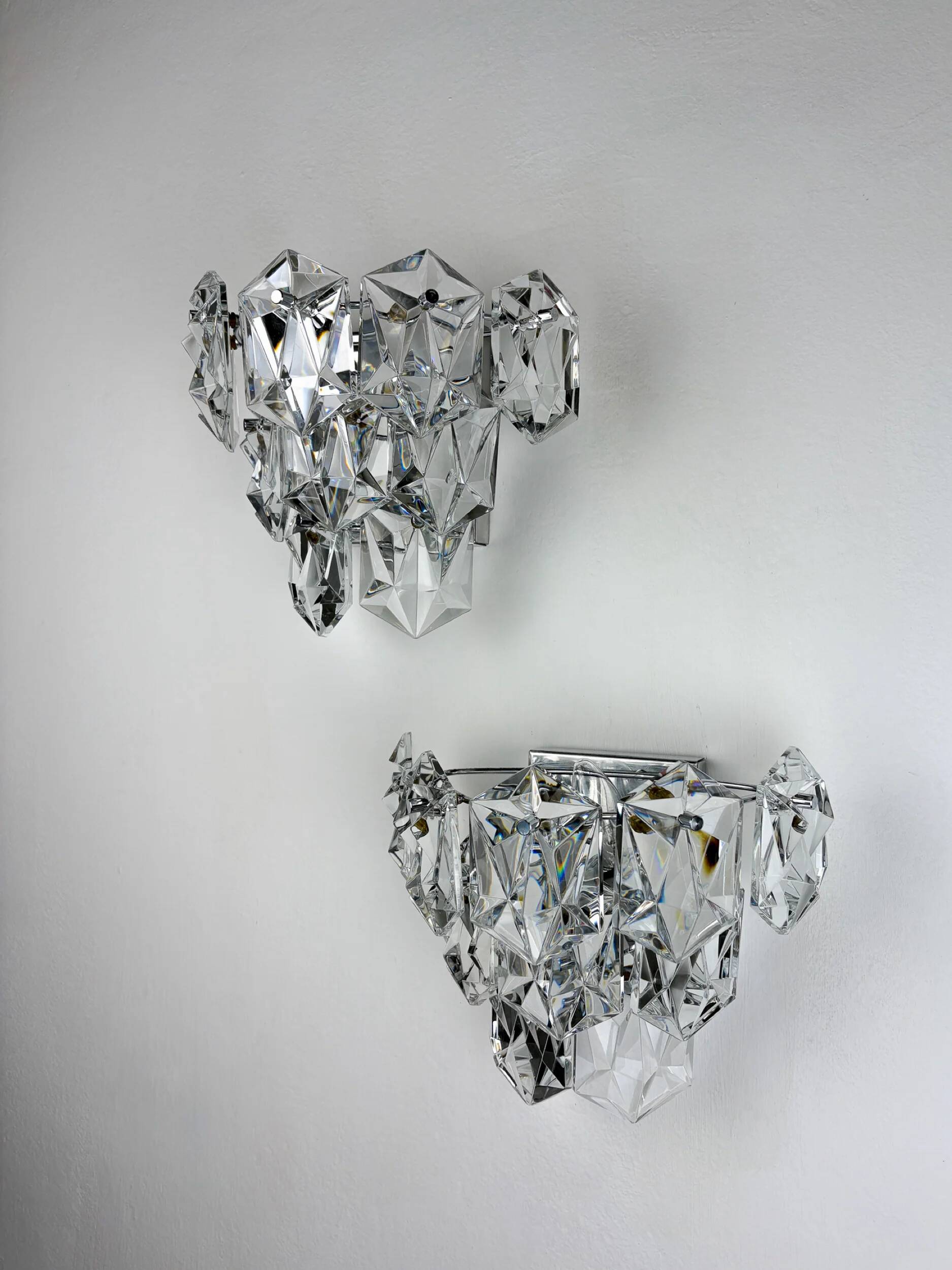 Pair of Kinkeldey 2-tier cut crystal wall sconces, Germany, circa 1970s
