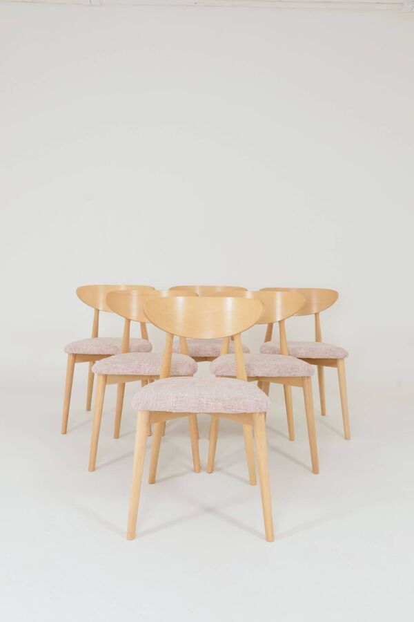 Ensemble de 6 chaises de salle à manger en tissu rose doux, design scandinave, bois naturel