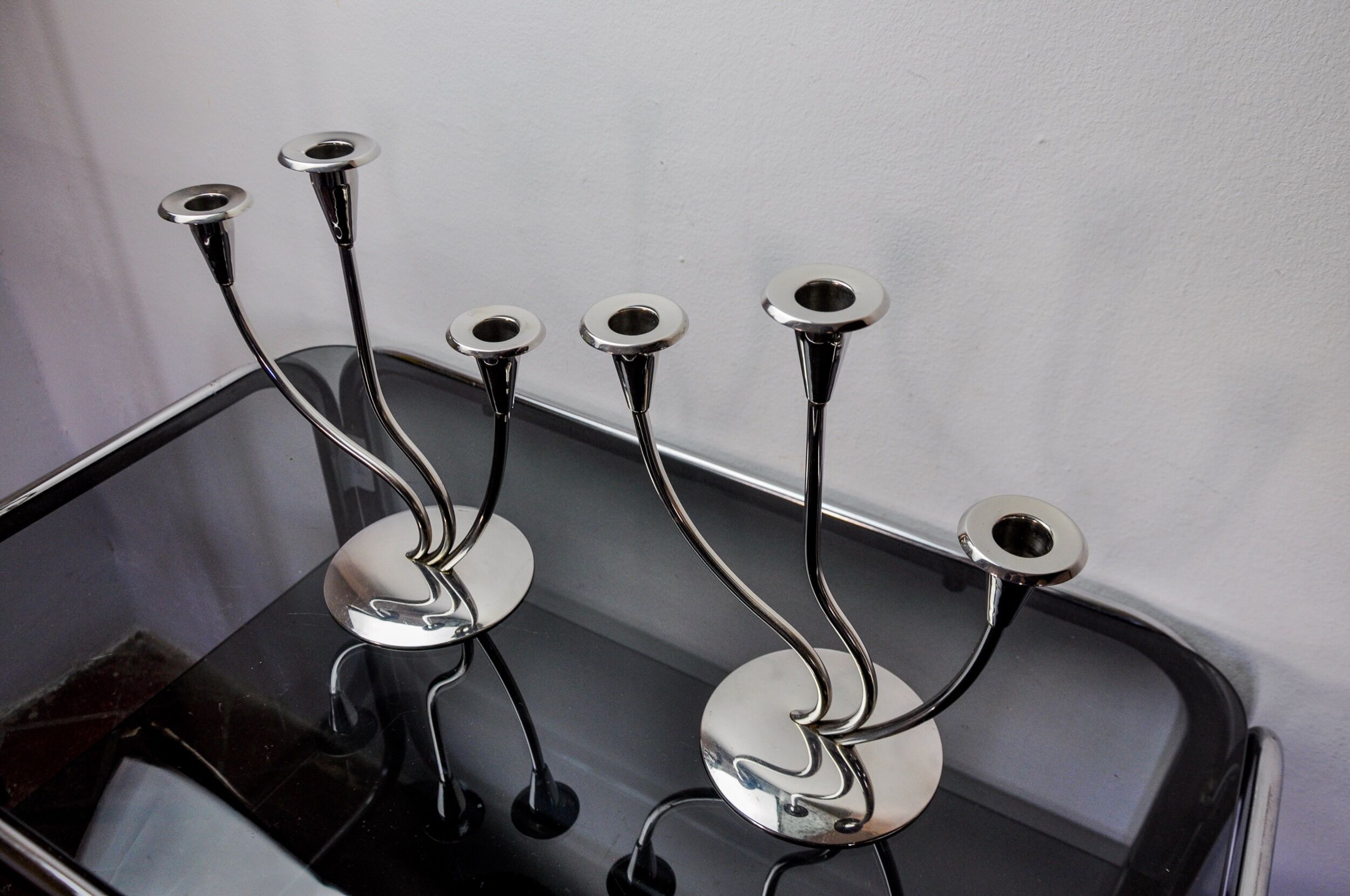 Pair of art deco candlesticks in stainless steel 3 flames, Spain, 1970