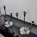 Pair of art deco candlesticks in stainless steel 3 flames, Spain, 1970