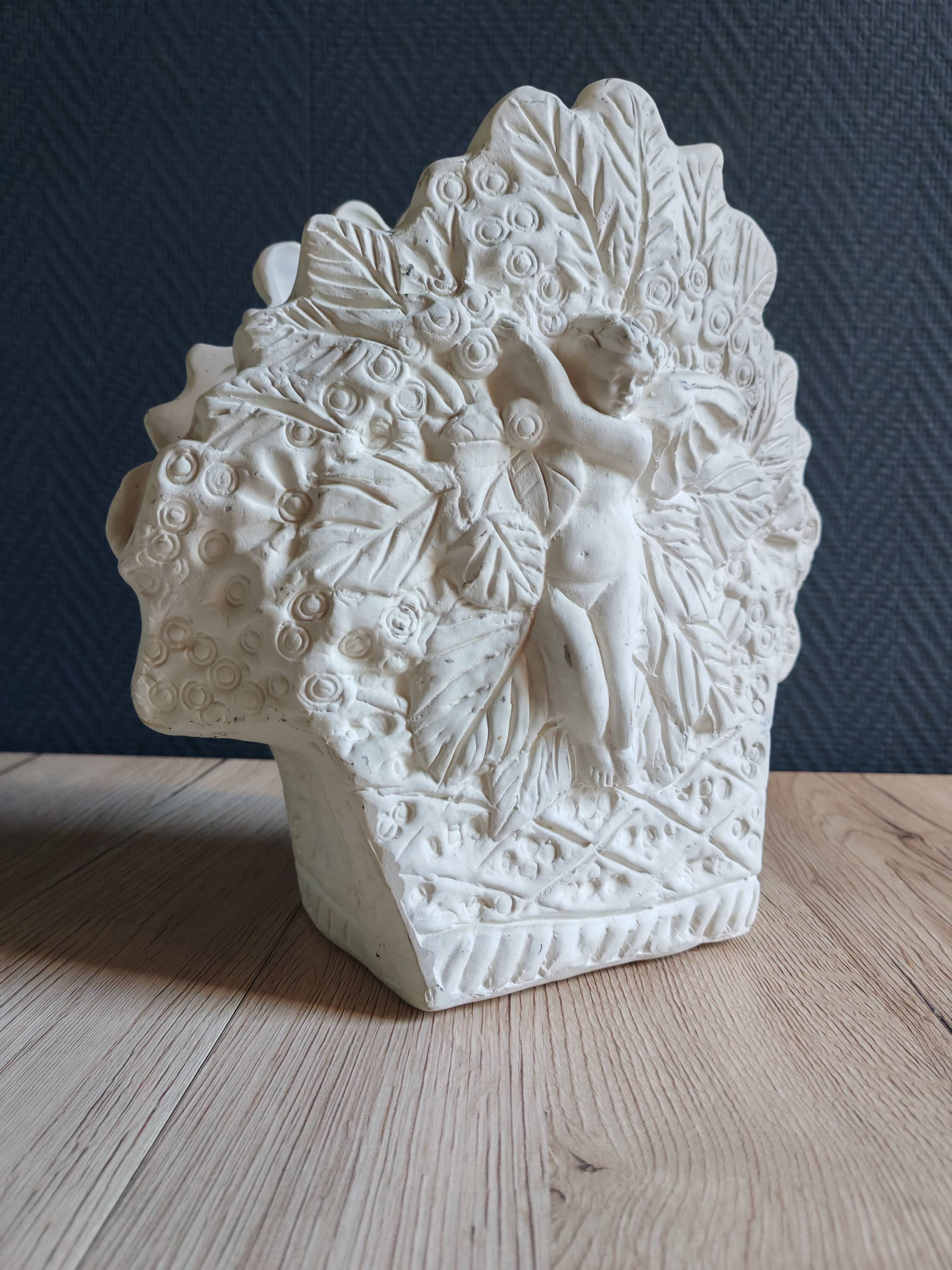 Angel Vase in White Plaster, Vintage Planter with Cherub and Flower Motif