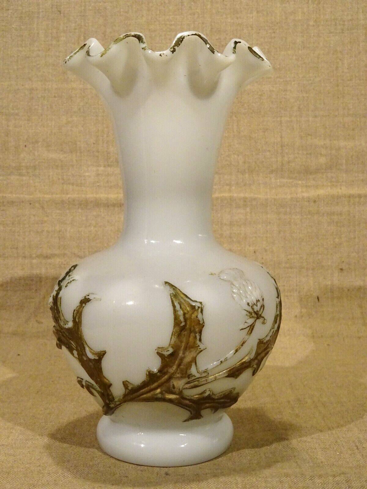 Old white opaline vase decorated with thistles in painted relief 23.6 cm high