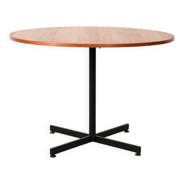 Round Scandinavian teak table with metal base