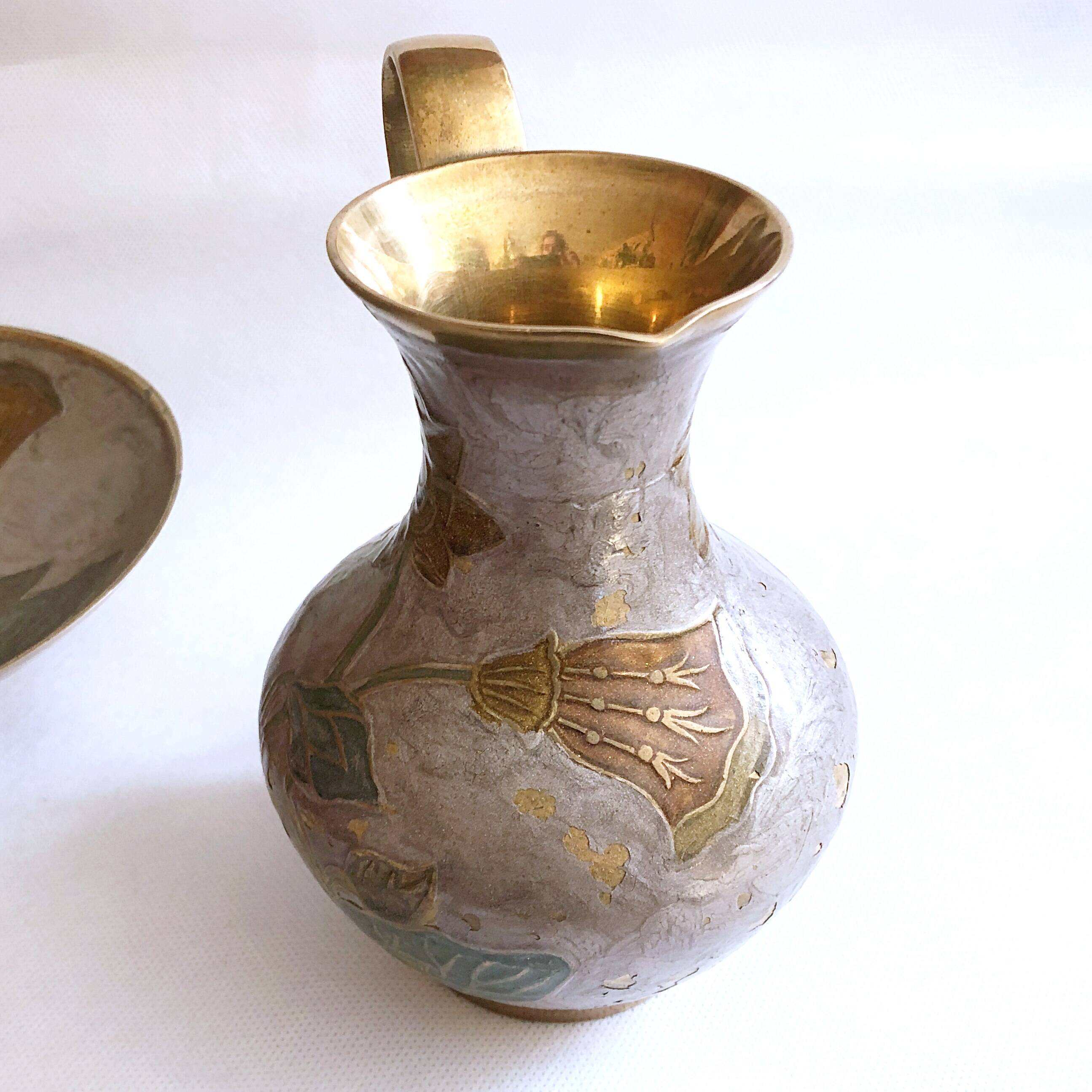 Enamelled brass carafe and cup set