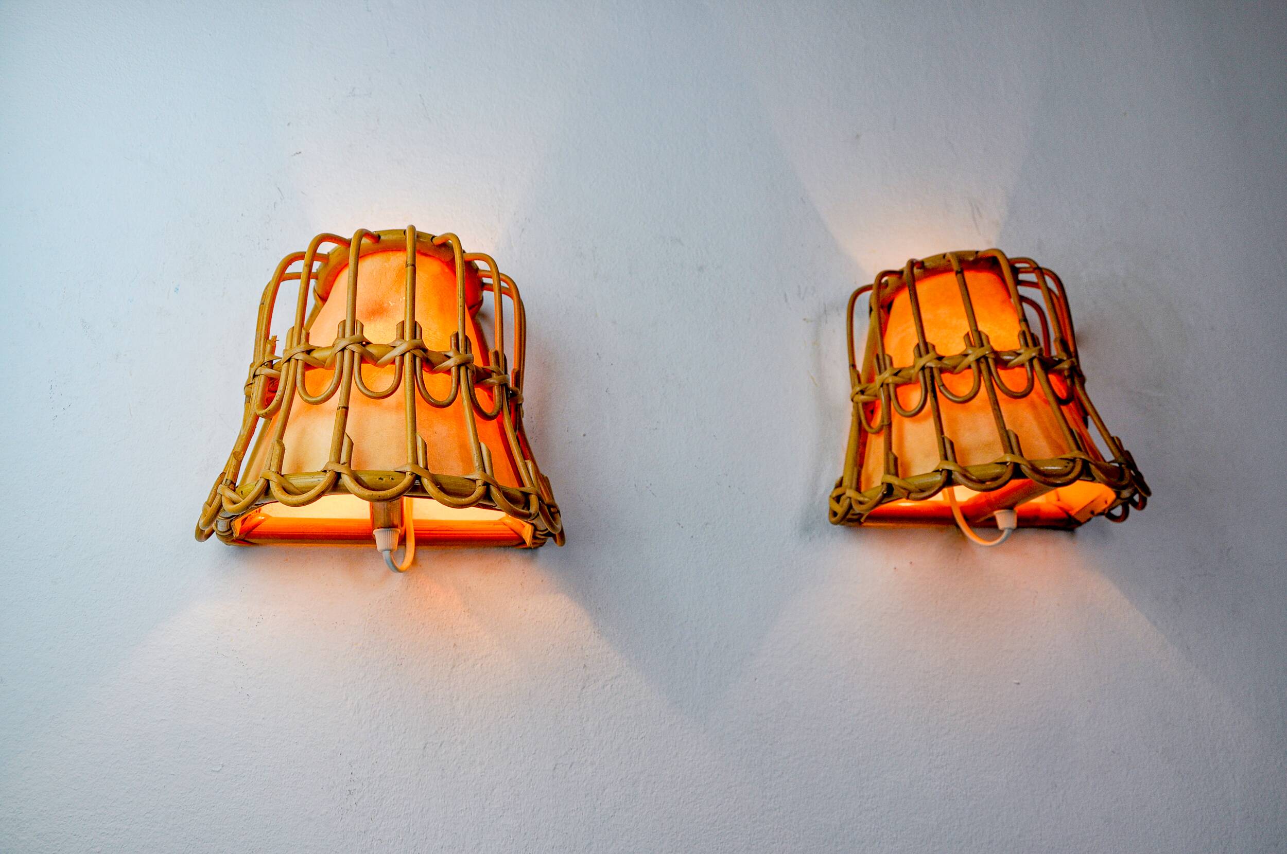 Pair of rattan wall lights, France, 1960