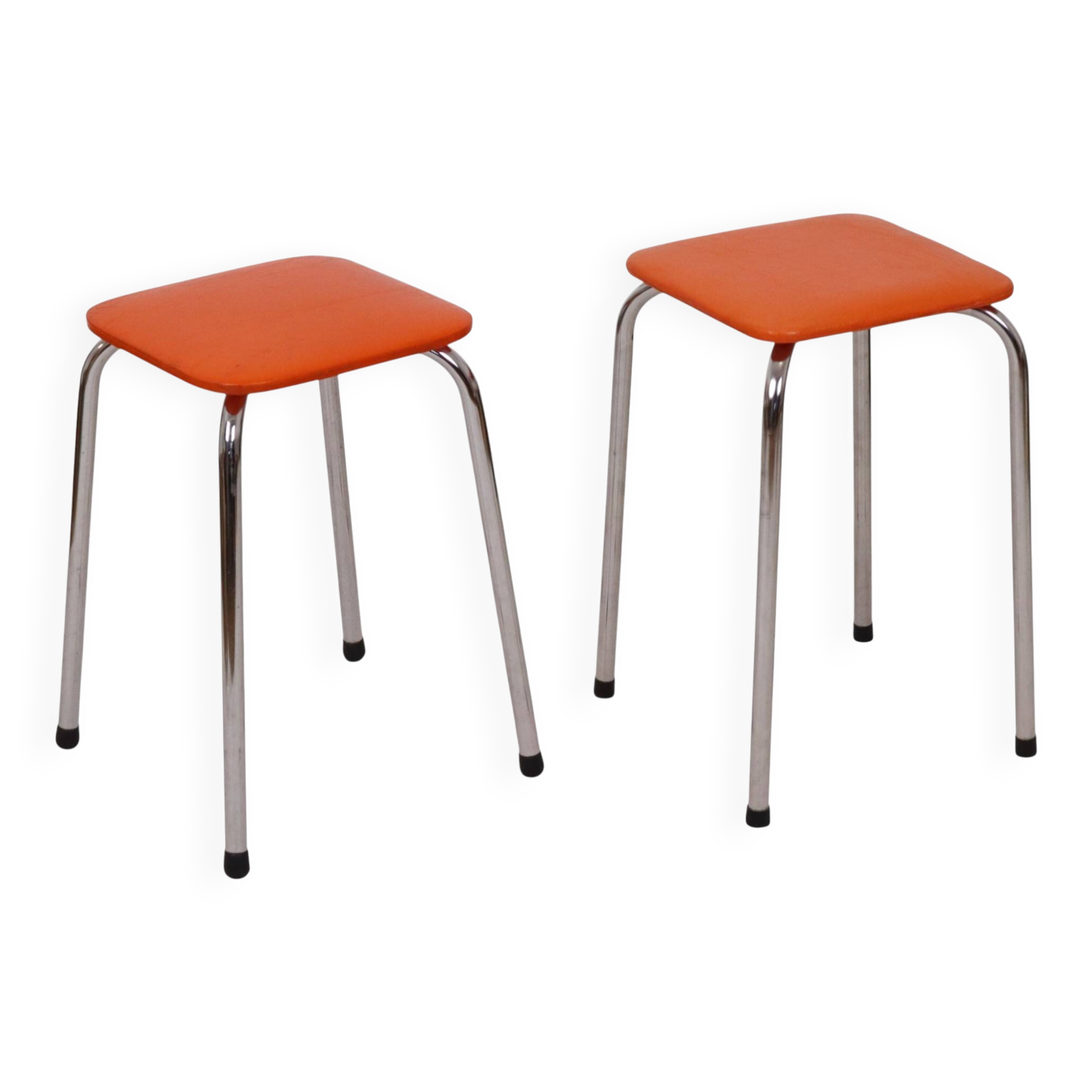 Set of 2 Stools Orange Faux Leather Chrome Base Sixties
