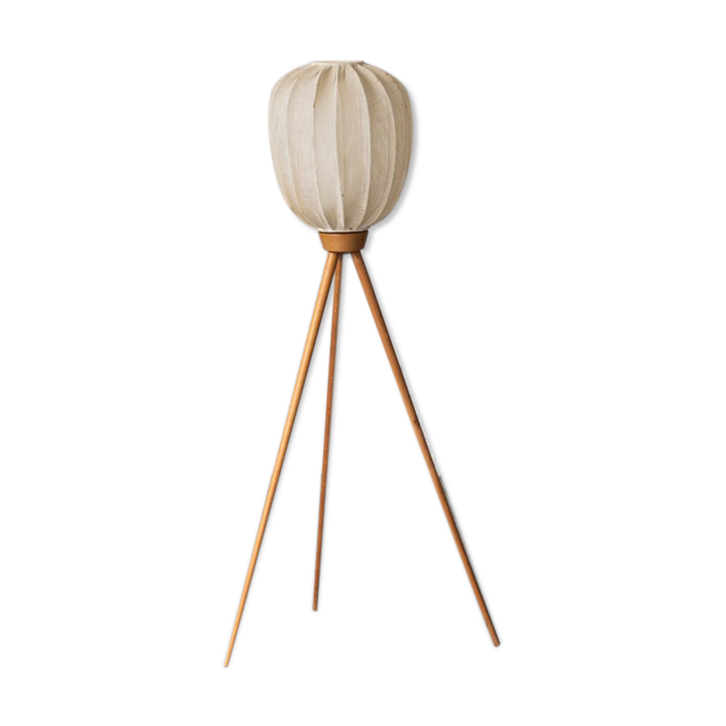 Tripod cocoon floor lamp in wood and lace, Danish design, 1960