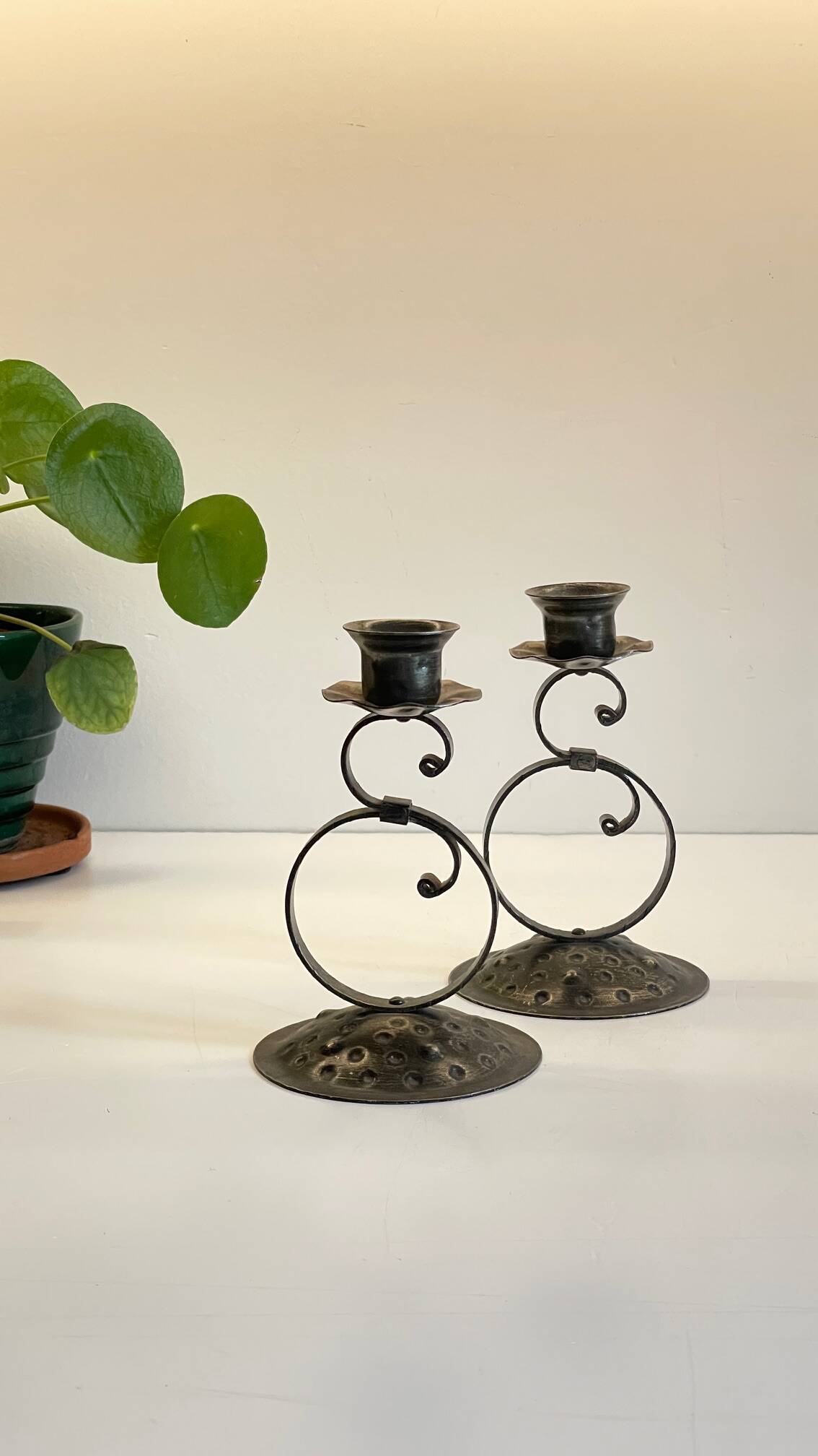 Vintage Black Patina Metal Candlesticks
