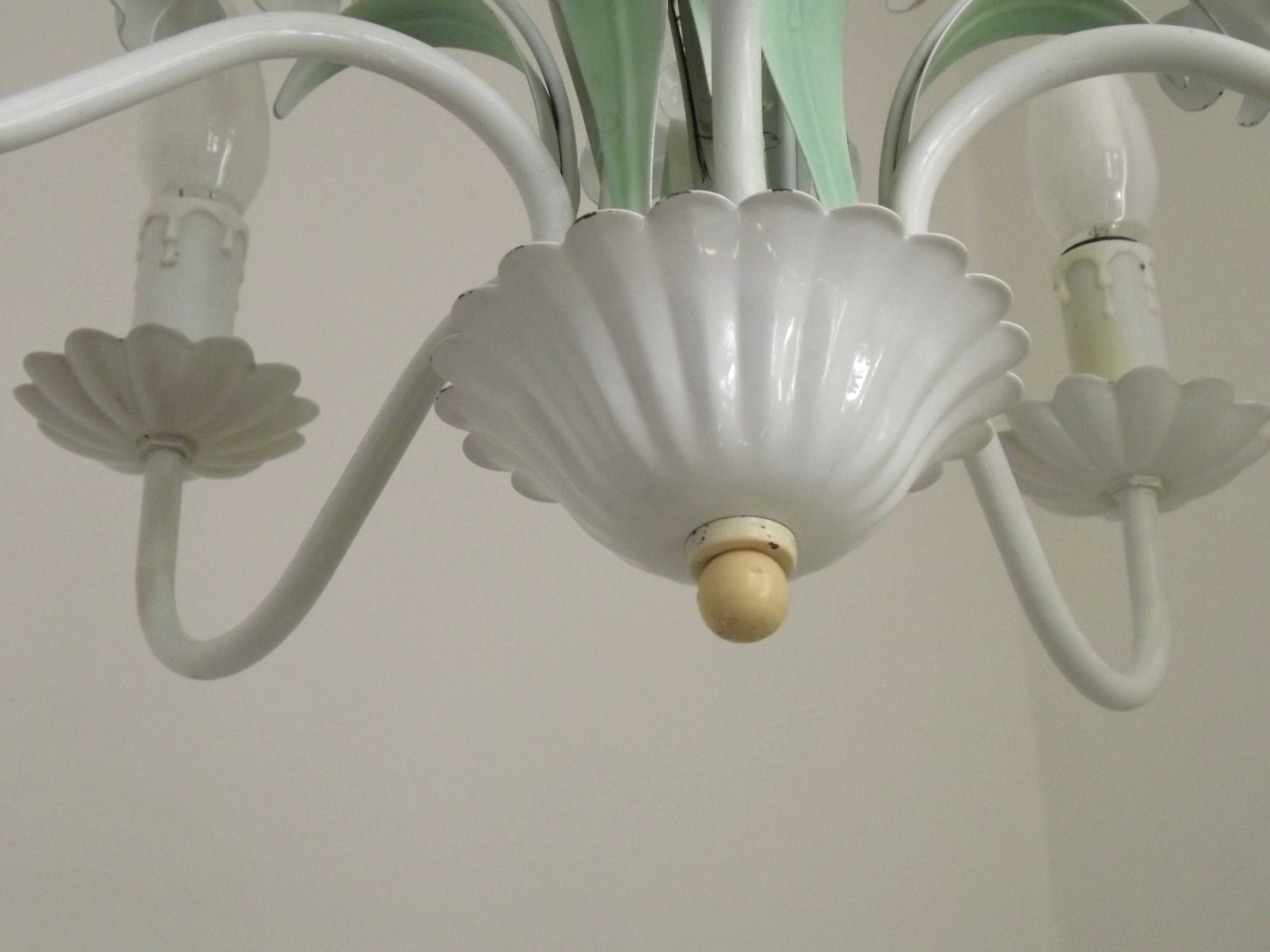 French Vintage 5 Light White Metal Chandelier With Pretty Pink Flowers