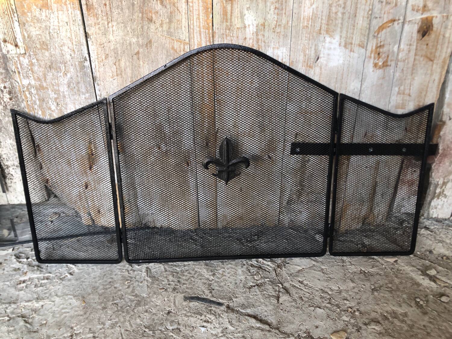 Grilled Fire Screen Fireplace 3 Shutters Black Metal Fleurs De Lys Vintage #A344
