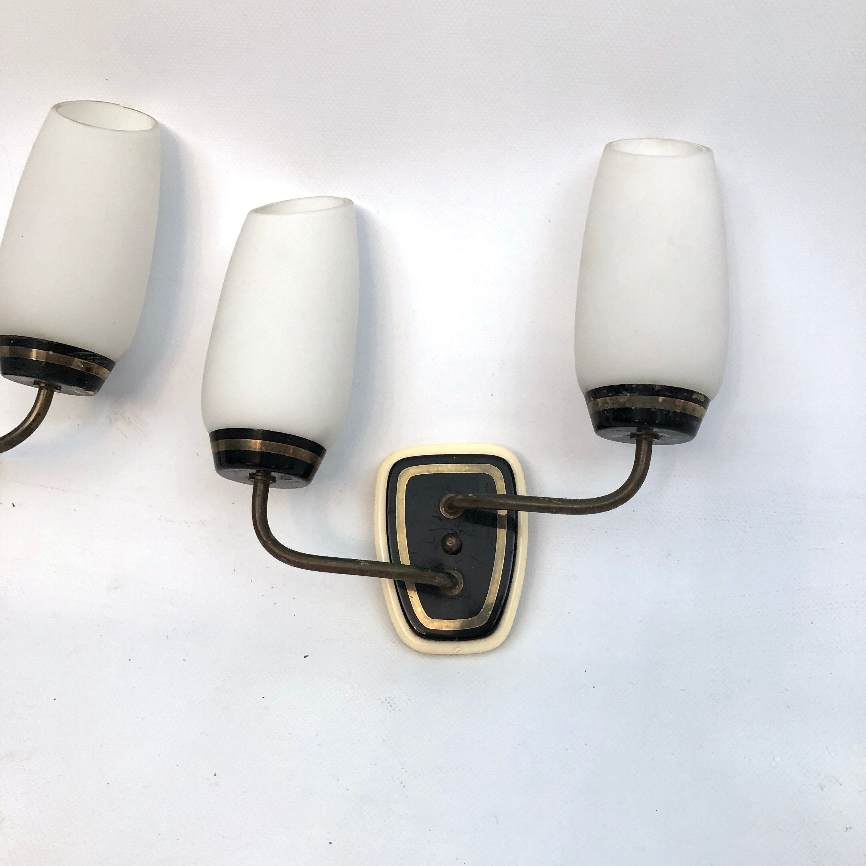 Mid-century Italian brass and opaline glass sconces. Set of two