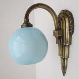 Art deco wall lamp in brass and soft blue opaline globe