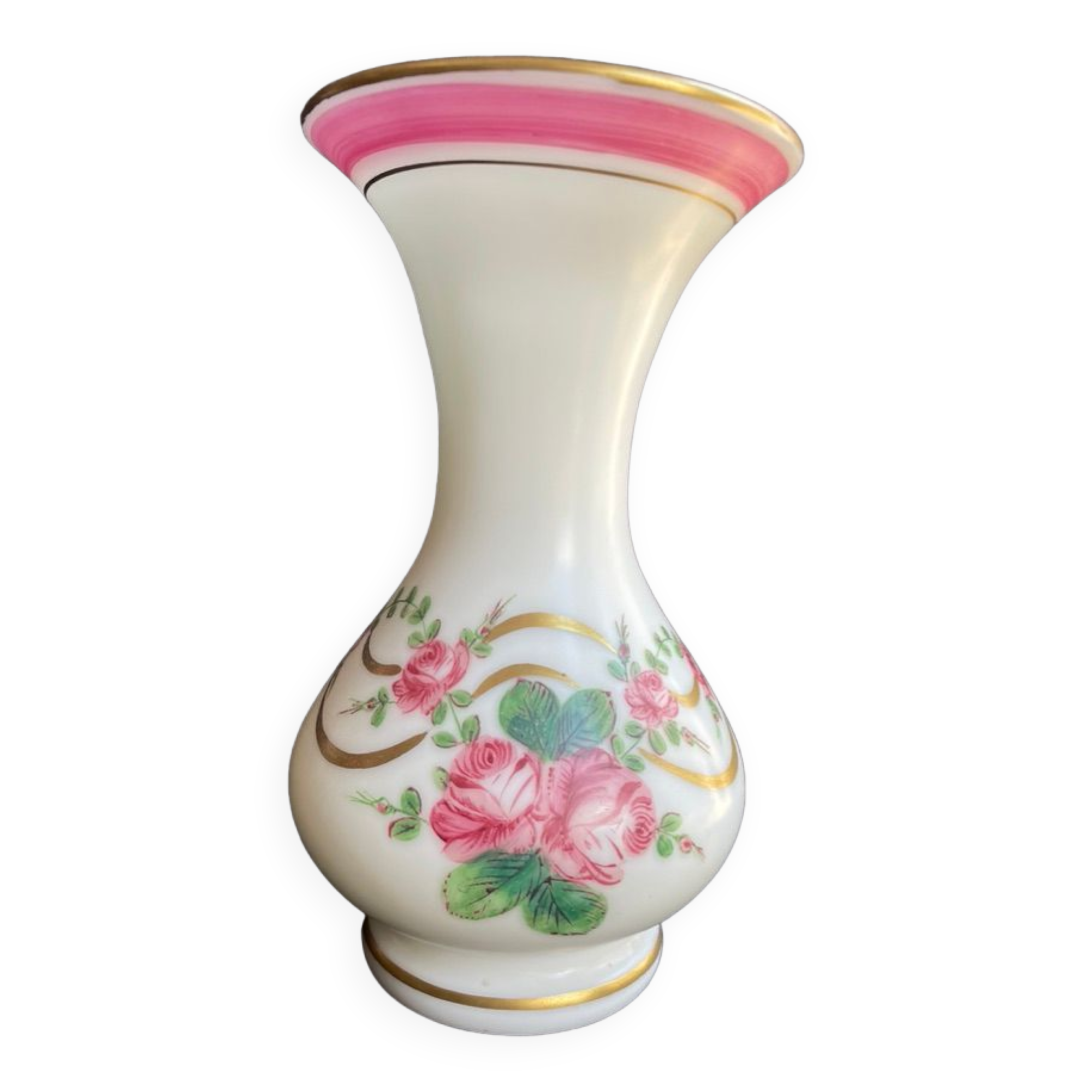 Vase Napoleon III in white opaline with floral decoration with gilding