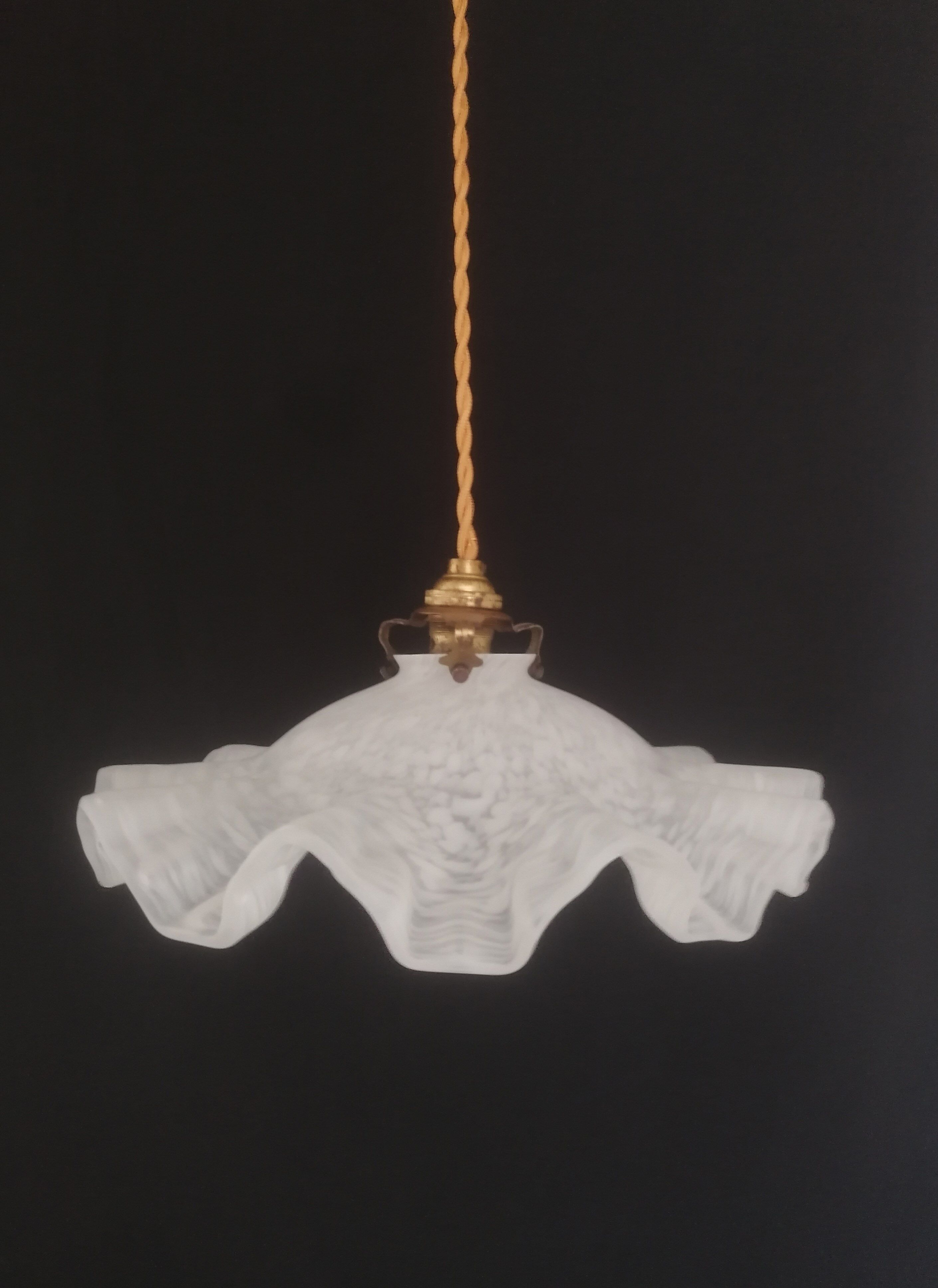 Old corrugated Clichy glass suspension - white speckled - 40s